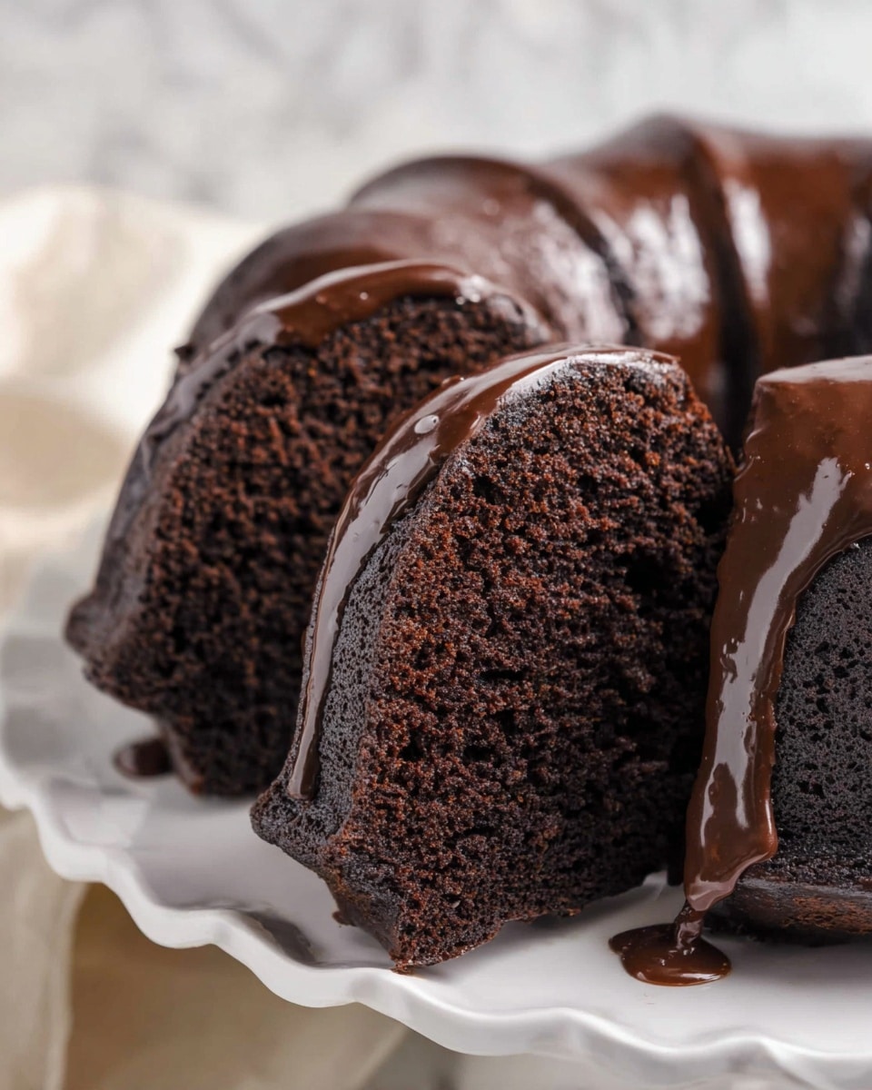A rich dark chocolate bundt cake is shown sliced into three thick pieces on a white plate with a scalloped edge. The cake has a moist, dense texture visible in the crumb, with a deep brown color throughout. A shiny, smooth layer of dark chocolate glaze drips softly over the top of the cake and slices, pooling slightly at the base. The background features a soft, creamy white marbled texture, adding a clean and subtle contrast to the dark cake. photo taken with an iphone --ar 4:5 --v 7