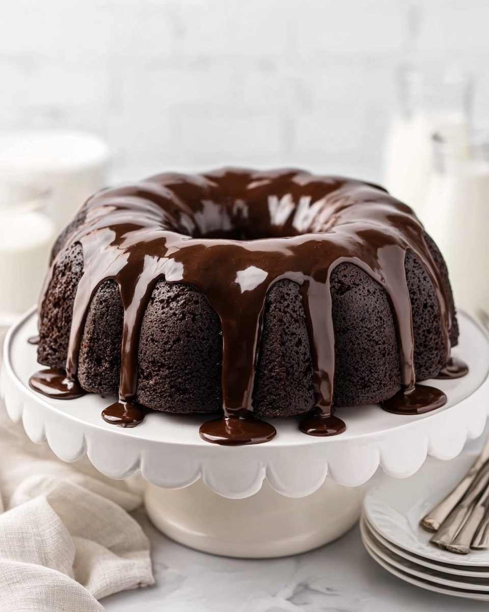A dark chocolate bundt cake with one thick layer sits in the center of a white scalloped cake stand. The cake is covered with a shiny, smooth layer of dark chocolate glaze that drips unevenly down the sides, forming thick drops around the base. The background is a clean white marbled texture, and a white cloth surrounds the base of the stand. In the blurred background, there are faint outlines of a glass jug of milk and white plates with silver forks. photo taken with an iphone --ar 4:5 --v 7