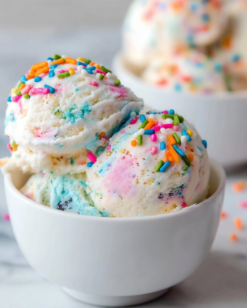 A white bowl holds three scoops of creamy ice cream that is mostly white with soft pastel blue and pink patches throughout. Each scoop is decorated with a bright mix of rainbow-colored sprinkles in orange, yellow, green, blue, pink, white, and purple, adding a playful touch. The ice cream texture looks smooth yet slightly fluffy. In the blurred background, there is another bowl with a similar scoop of sprinkled ice cream, all set on a white marbled surface. photo taken with an iphone --ar 4:5 --v 7