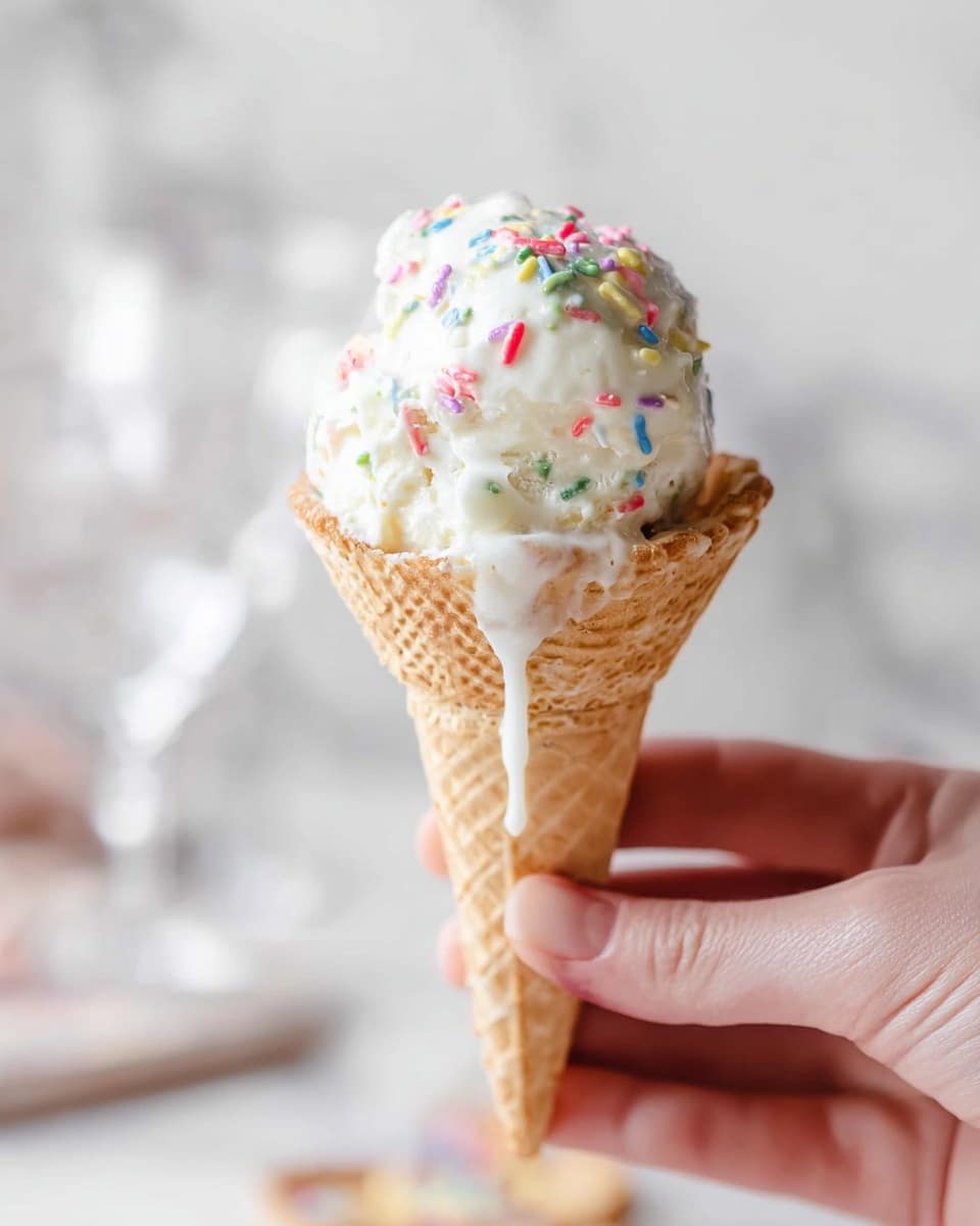 A close-up image of a single scoop of white ice cream with colorful sprinkles, sitting on top of a light brown waffle cone. The ice cream is slightly melting, with a small drip running down the cone. A woman's hand is holding the cone from the bottom right side. The background shows a soft white marbled texture and some blurred glassware, creating a clean and bright setting. photo taken with an iphone --ar 4:5 --v 7