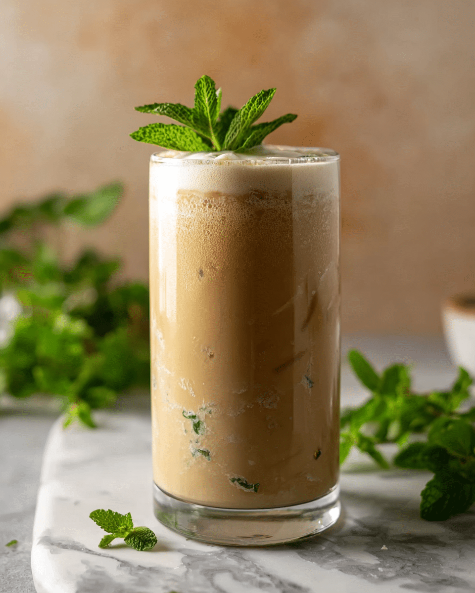 The image shows a tall clear glass filled with a creamy beige drink that has some small green tea leaves floating inside, creating a faint pattern. The top layer has a light brown foamy head with a dollop of cream on it, garnished with a small bunch of fresh green mint leaves standing upright. The glass sits on a grey surface with a white marbled texture, and there are a few scattered green mint leaves around it. The background is softly blurred with warm beige tones, making the drink the main focus. photo taken with an iphone --ar 4:5 --v 7