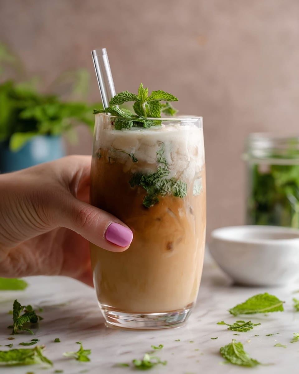 A clear glass filled with a layered iced coffee drink held by a woman's hand with pink-painted nails. The drink has a light brown smooth liquid base with green mint leaves suspended in the middle. On top, there is a thick foam layer decorated with fresh mint sprigs. A transparent straw stands upright in the glass. The setting includes a white marbled surface with scattered fresh mint leaves, a small white bowl, and a jar with mint in the blurry background. Photo taken with an iphone --ar 4:5 --v 7
