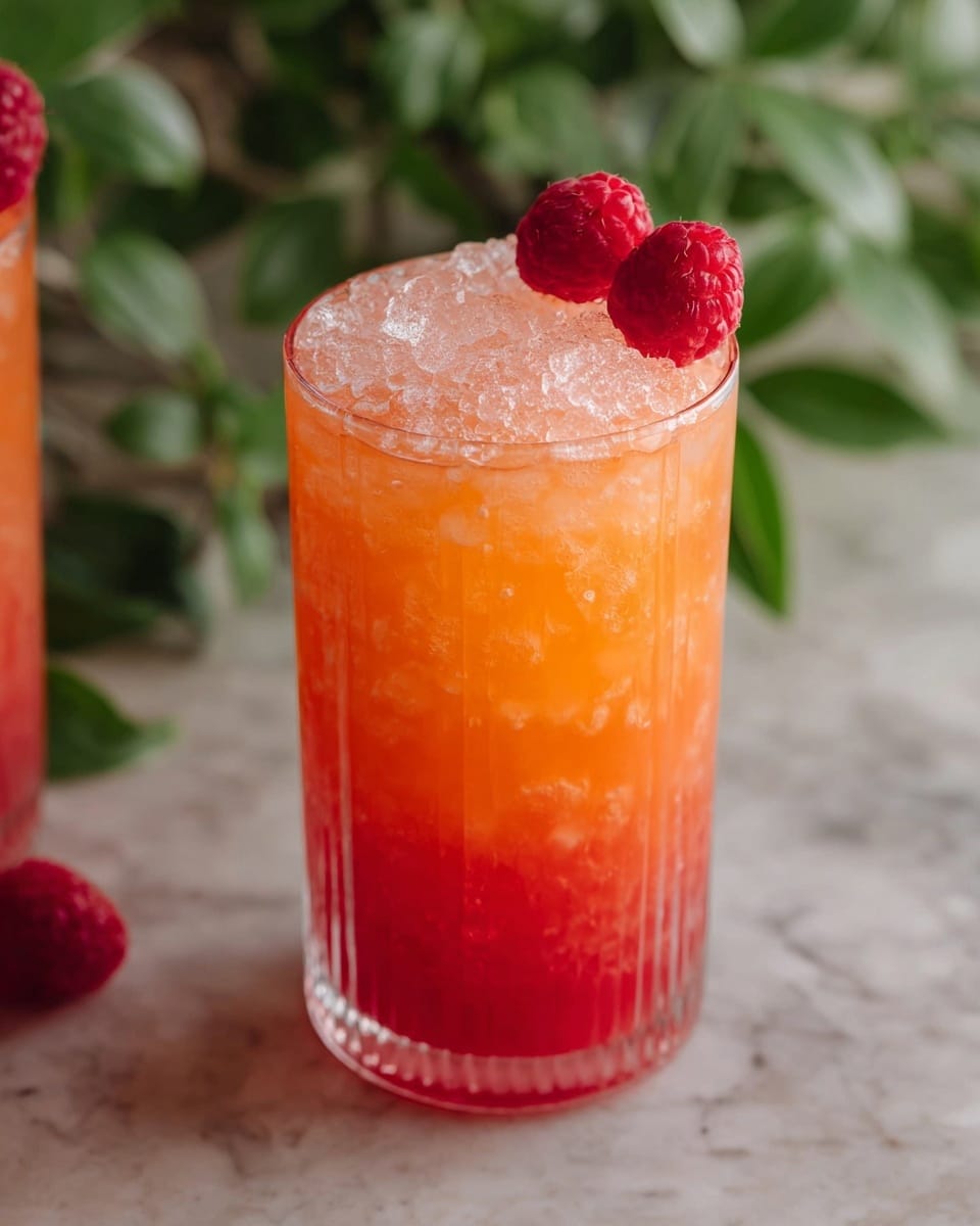 A tall clear ribbed glass filled with a bright orange-red juice layered with crushed ice near the top, showing a slushy texture, topped with two fresh red raspberries placed on one side. The glass stands on a white marbled surface with soft green leaves slightly blurred in the background, giving a fresh and natural look. photo taken with an iphone --ar 4:5 --v 7