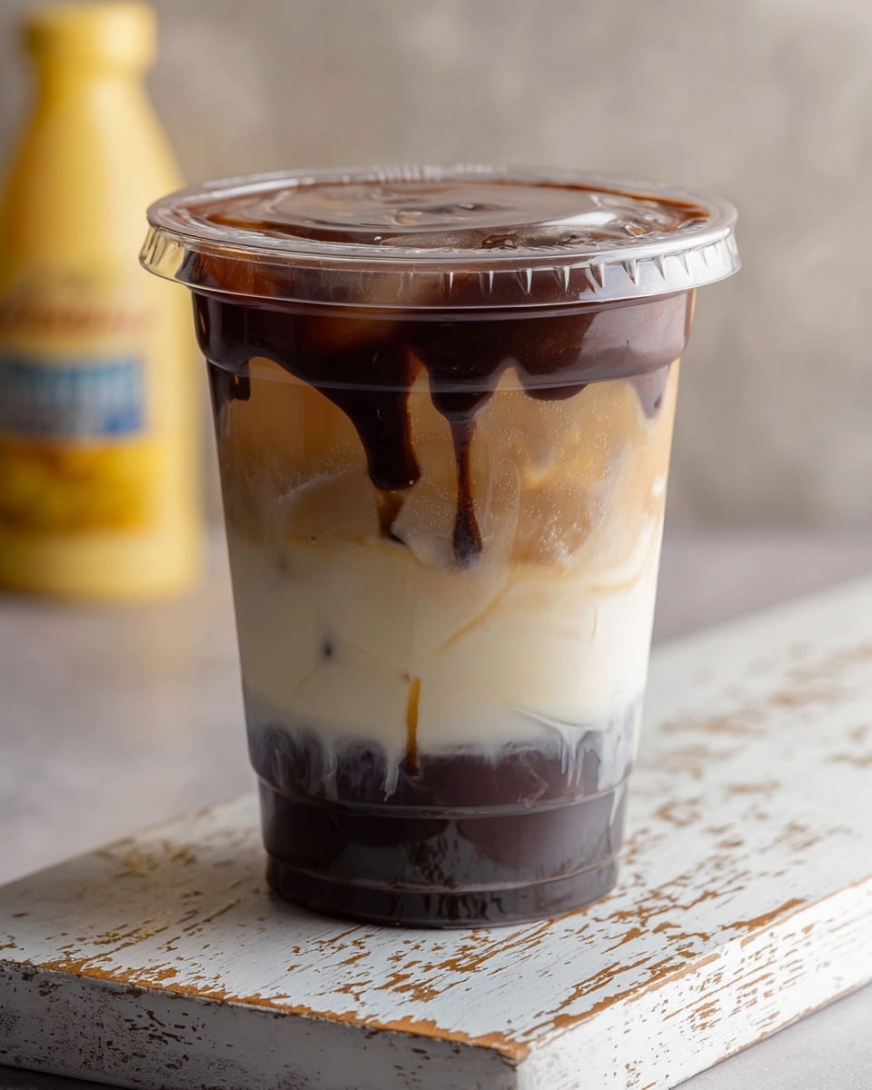 A clear plastic cup with a lid shows three main layers of drink: at the bottom is a dark brown jelly layer, above it is a thick creamy white layer mixed with light brown coffee-colored liquid, and on top is a dark chocolate layer that slightly drips down the sides inside the cup. The cup sits on a worn white wooden board against a blurred background with a yellow bottle. photo taken with an iphone --ar 4:5 --v 7