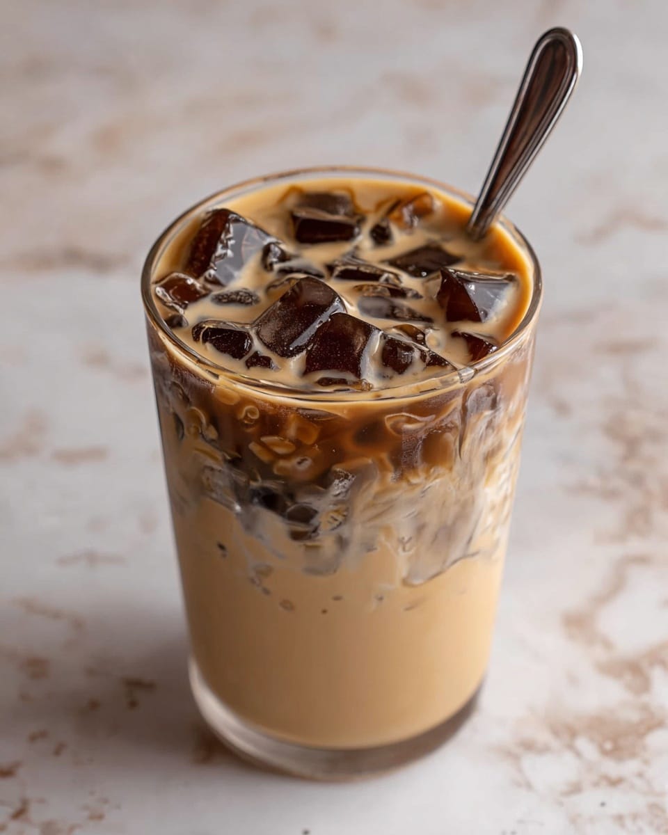 A tall clear glass filled with three distinct layers shows a creamy light brown base, followed by a middle layer with dark brown jelly pieces, and a top layer packed with ice cubes and more dark brown jelly chunks mixed in creamy light brown liquid. A silver spoon is placed inside the glass on the right side. The glass sits on a white marbled surface. photo taken with an iphone --ar 4:5 --v 7