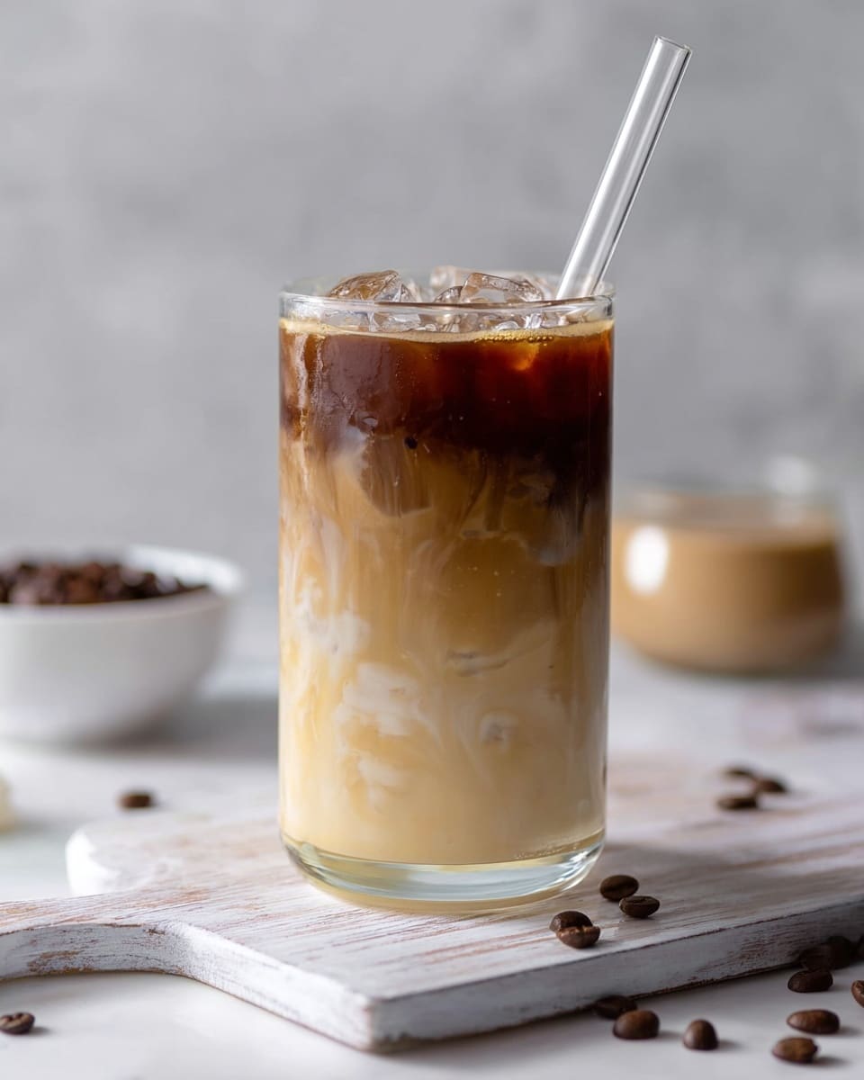 A clear glass filled with a three-layered iced coffee drink sits on a white wooden board on a white marbled surface. The bottom layer is creamy light beige with some swirling white ice, the middle layer is a mix of beige and light brown blending upward, and the top layer is rich dark brown coffee with visible ice cubes. A transparent glass straw is inserted at the top right of the glass. Coffee beans are scattered near the board on the white marbled surface, and a white bowl with coffee beans is blurred in the background. Photo taken with an iphone --ar 4:5 --v 7
