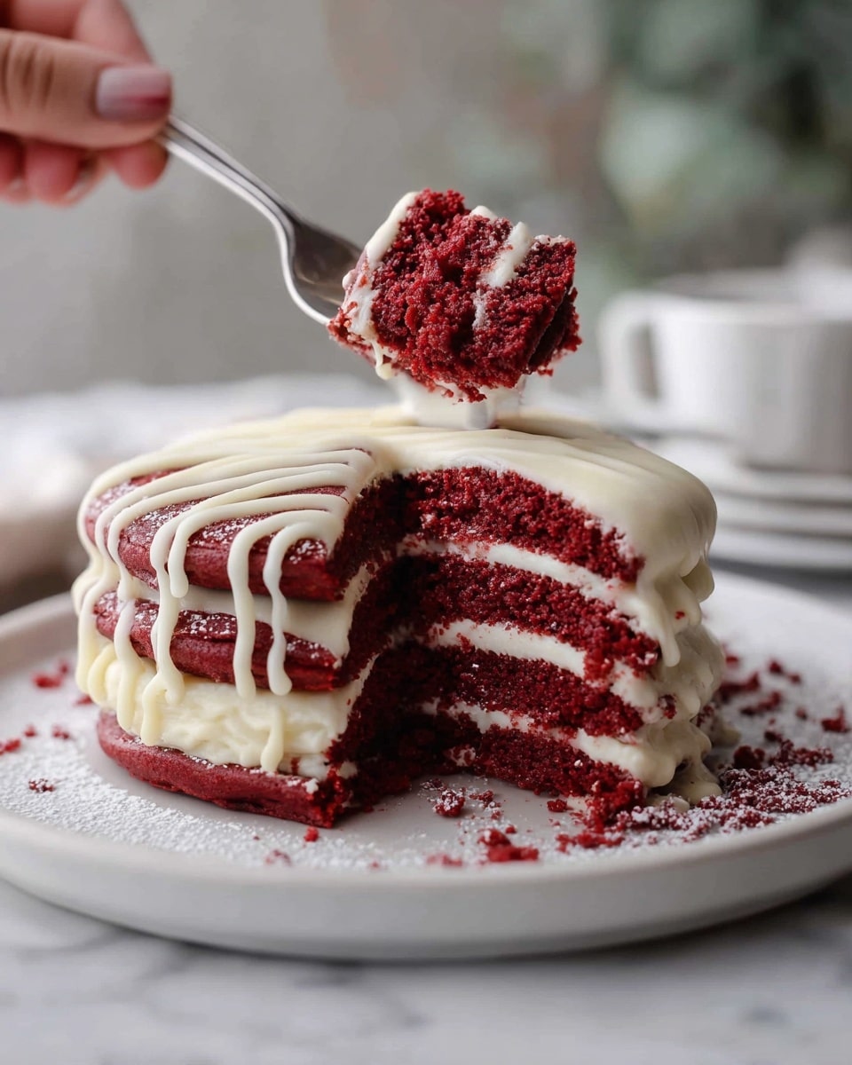 A stack of four deep red velvet pancakes is shown on a white plate placed on a white marbled surface. Each pancake layer is thick and soft with a rich red color, separated by smooth, creamy white frosting in between. More white frosting is drizzled generously in loose lines over the top pancake, dripping slightly down the sides. A spoon held by a woman's hand is lifting a portion from the side, revealing the texture of the moist pancake and the frosting layers inside. Some crumbs and a light dusting of powdered sugar are scattered on the plate around the base. The background is blurred with soft shapes and neutral colors. photo taken with an iphone --ar 4:5 --v 7