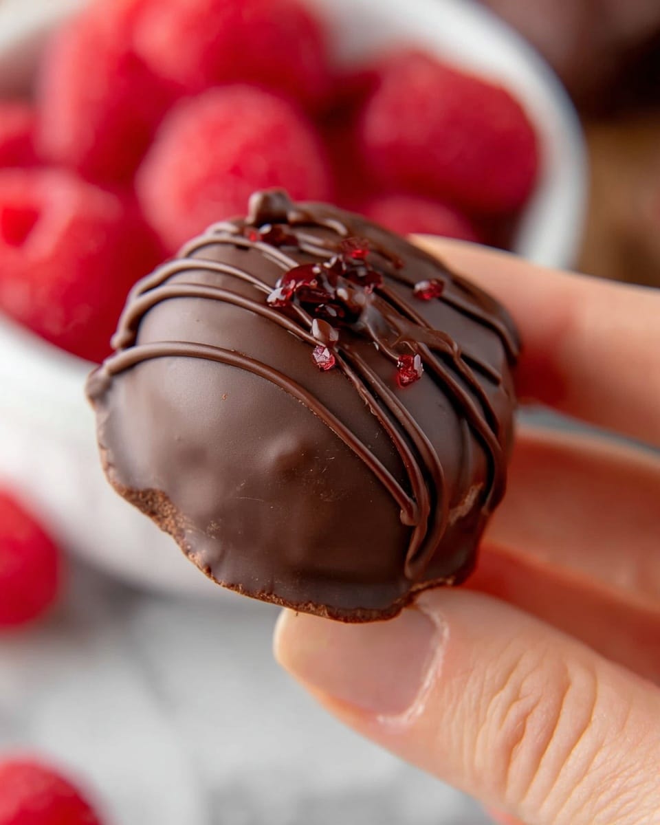 A close-up image shows a woman's hand holding a round chocolate-covered treat with a smooth, dark brown outer layer. The top is decorated with thin drizzles and small drops of glossy chocolate. The background includes some blurred red raspberries resting in a white bowl on a white marbled texture. The overall feel is rich and appetizing, focusing on the shiny, textured chocolate surface. photo taken with an iphone --ar 4:5 --v 7