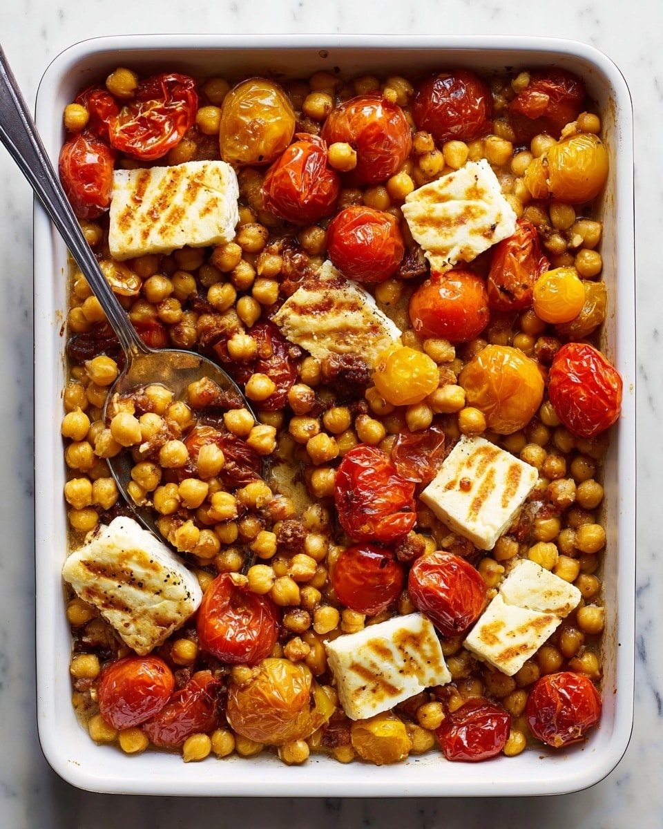 A white rectangular baking dish filled with one layer of golden roasted chickpeas, scattered evenly with round, roasted cherry tomatoes in shades of red and yellow that show slight wrinkling and charring, and topped with several rectangular slices of grilled white halloumi cheese with light brown grill marks. A silver spoon rests on the left side, partially scooping some of the mixture, revealing the soft texture of the ingredients beneath. The dish is placed on a white marbled textured surface. photo taken with an iphone --ar 4:5 --v 7