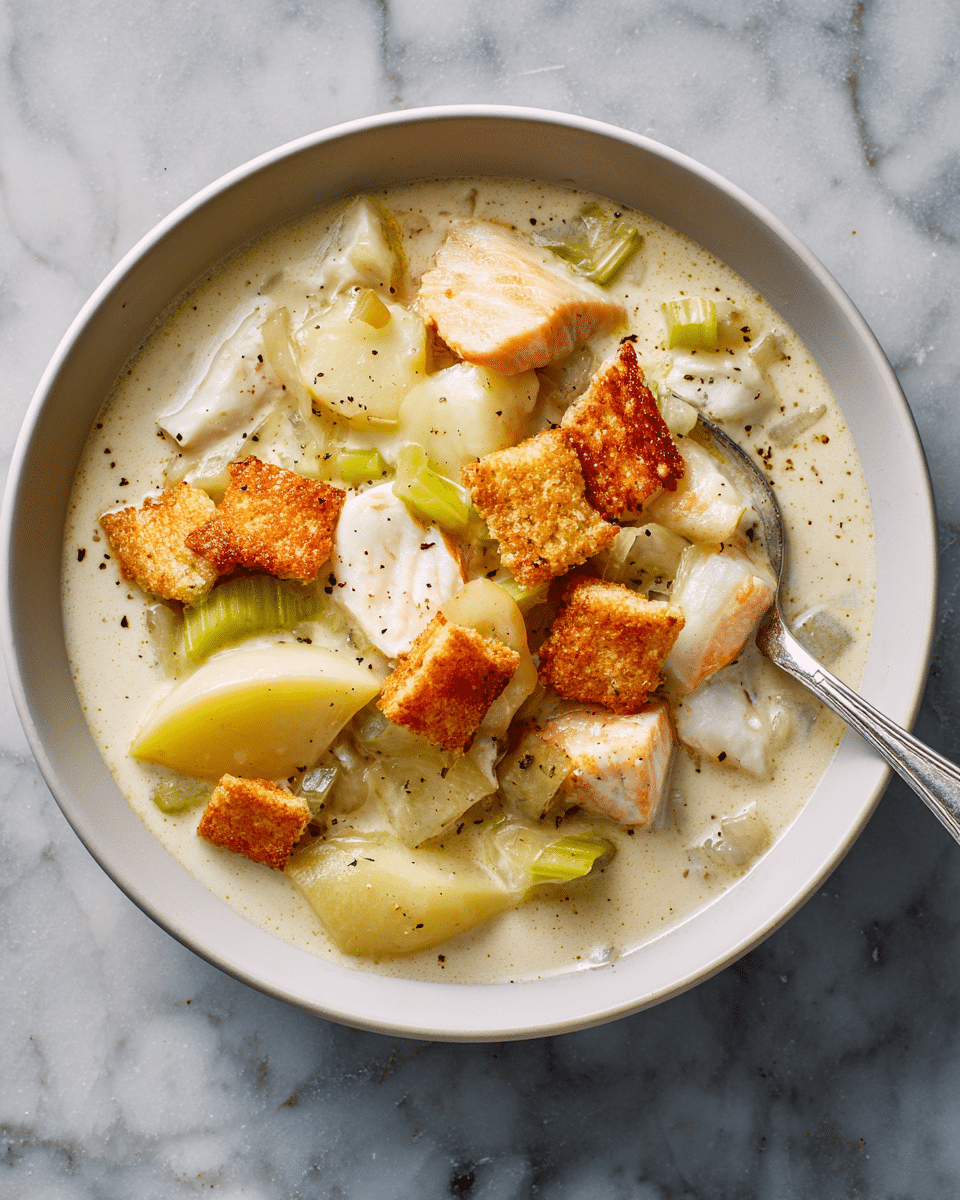 A bowl of creamy white chowder filled with several chunky layers including white fish pieces, soft yellow potato slices, and light green celery strips. On top, there are golden-brown broken crackers adding a crunchy texture. The chowder broth looks smooth and slightly thick with a few black pepper specks, and a silver spoon is resting in the bowl on the right side. The bowl is white and sits on a white marbled surface. photo taken with an iphone --ar 4:5 --v 7
