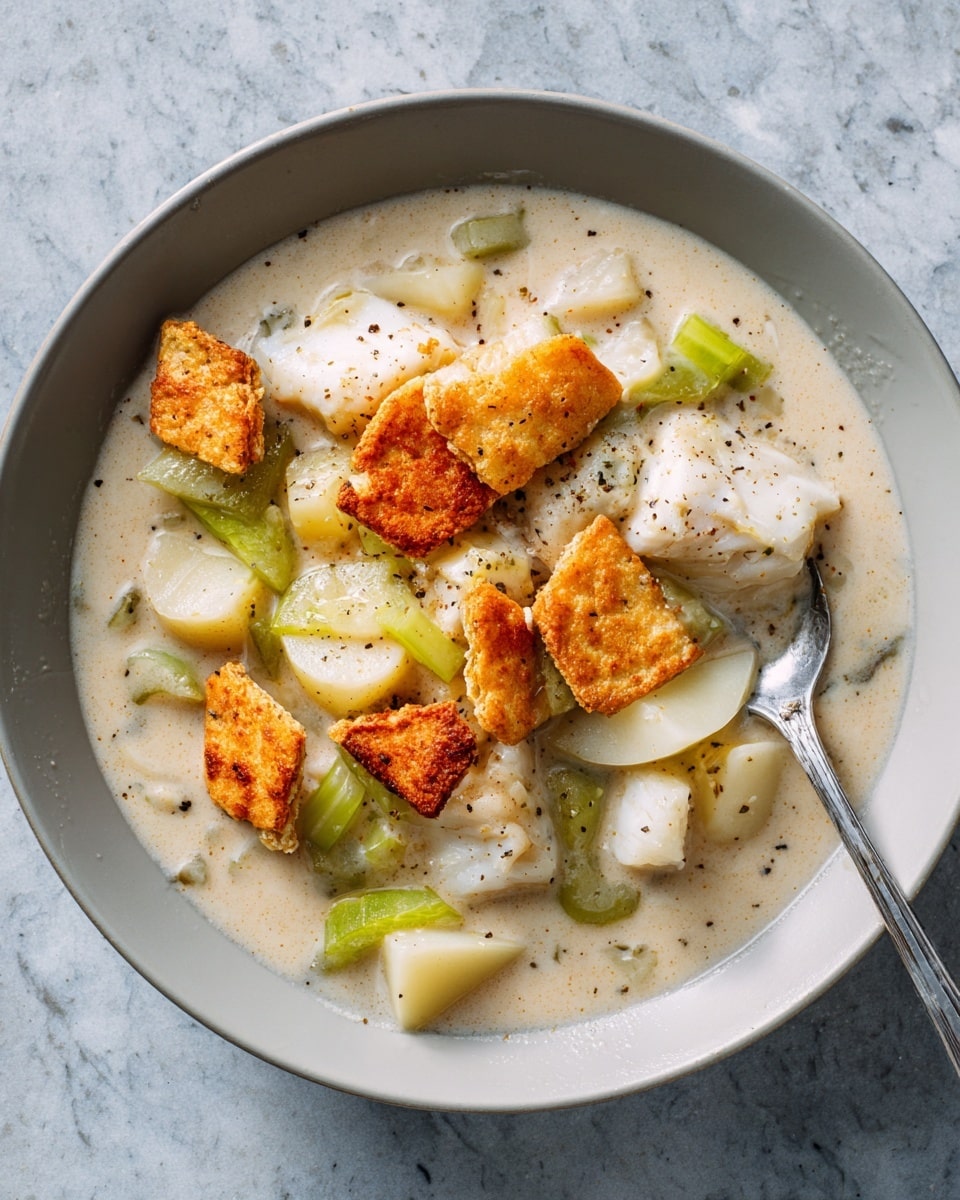 The image shows a creamy soup served in a white bowl placed on a white marbled surface. The soup has a light beige color and contains several layers of ingredients. On top, there are crispy golden-brown crackers broken into pieces. Beneath the crackers, thick white chunks of fish are visible, along with slices of pale green celery and soft pieces of light yellow potato. The soup looks smooth and slightly thick, with tiny specks of black pepper scattered on top. A silver spoon rests inside the bowl, partially submerged in the soup. photo taken with an iphone --ar 4:5 --v 7