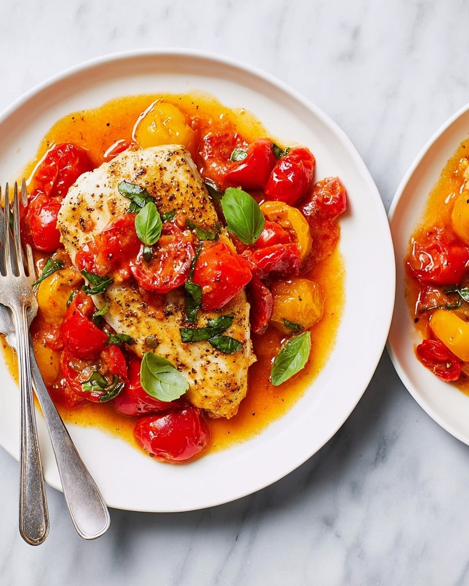 A white round plate holds a cooked piece of chicken breast with a lightly browned and seasoned top layer. Surrounding and partly underneath the chicken is a bright orange tomato-based sauce with chunks of red and yellow tomatoes. Small green basil leaves are scattered over the dish, adding a fresh touch, along with some black pepper seasoning sprinkled on top. A silver fork and knife rest on the left side of the plate. The background is a white marbled texture. photo taken with an iphone --ar 4:5 --v 7
