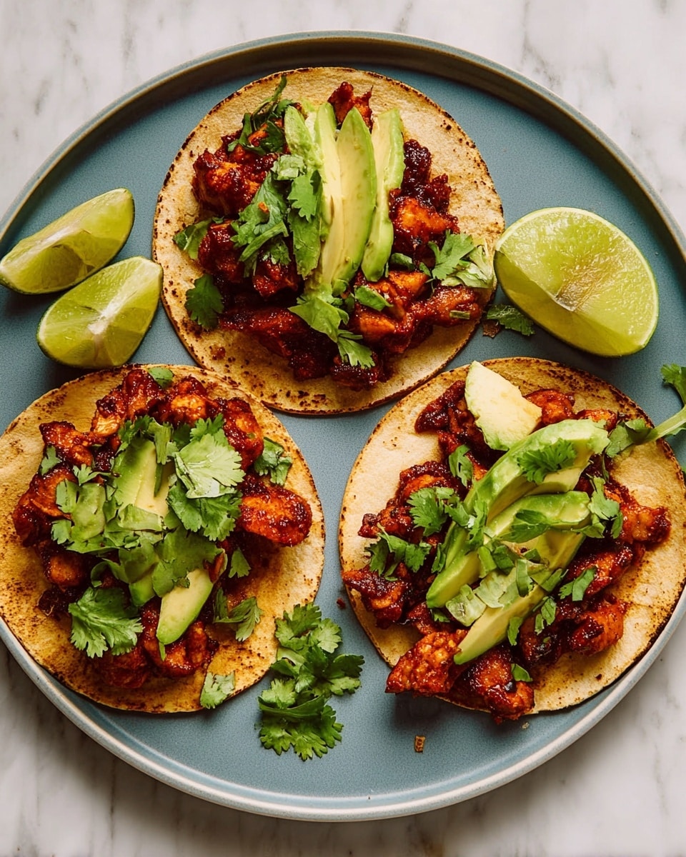 Three small toasted tortillas are placed on a large white plate, each topped with a layer of reddish-brown cooked meat chunks, garnished with three slices of bright green avocado and sprigs of fresh green cilantro leaves. The plate also holds a few lime wedges, one of which is squeezed, with its juicy, pulpy inside showing. The white plate sits on a white marbled surface, adding contrast to the vibrant food colors. photo taken with an iphone --ar 4:5 --v 7