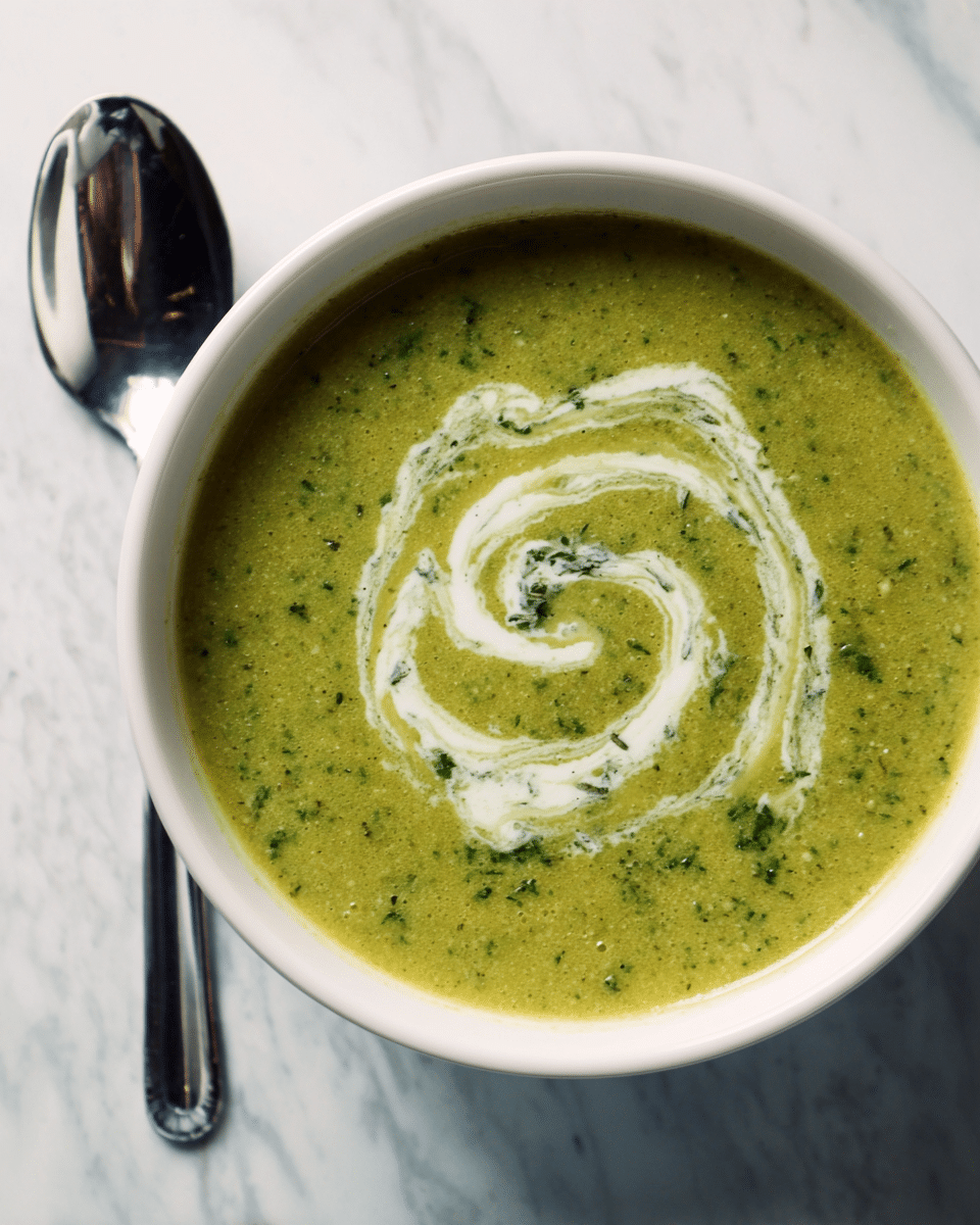A white bowl filled with green soup that has small darker green herb bits evenly mixed in. On top, there is a swirl of white cream creating a loose spiral pattern in the center. The bowl sits on a white marbled texture surface, and next to it on the left is a shiny metal spoon reflecting light. photo taken with an iphone --ar 4:5 --v 7