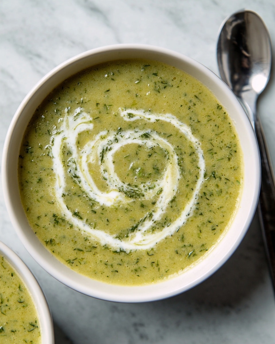 A close-up top view of a white bowl filled with light green creamy soup speckled with darker green herbs. On the surface of the soup, there is a swirl of white cream added in a loose spiral pattern near the center. The bowl sits on a white marbled textured surface with a shiny silver spoon resting beside it. The soup looks smooth but with a mild texture from the herbs, giving a fresh and comforting visual. photo taken with an iphone --ar 4:5 --v 7