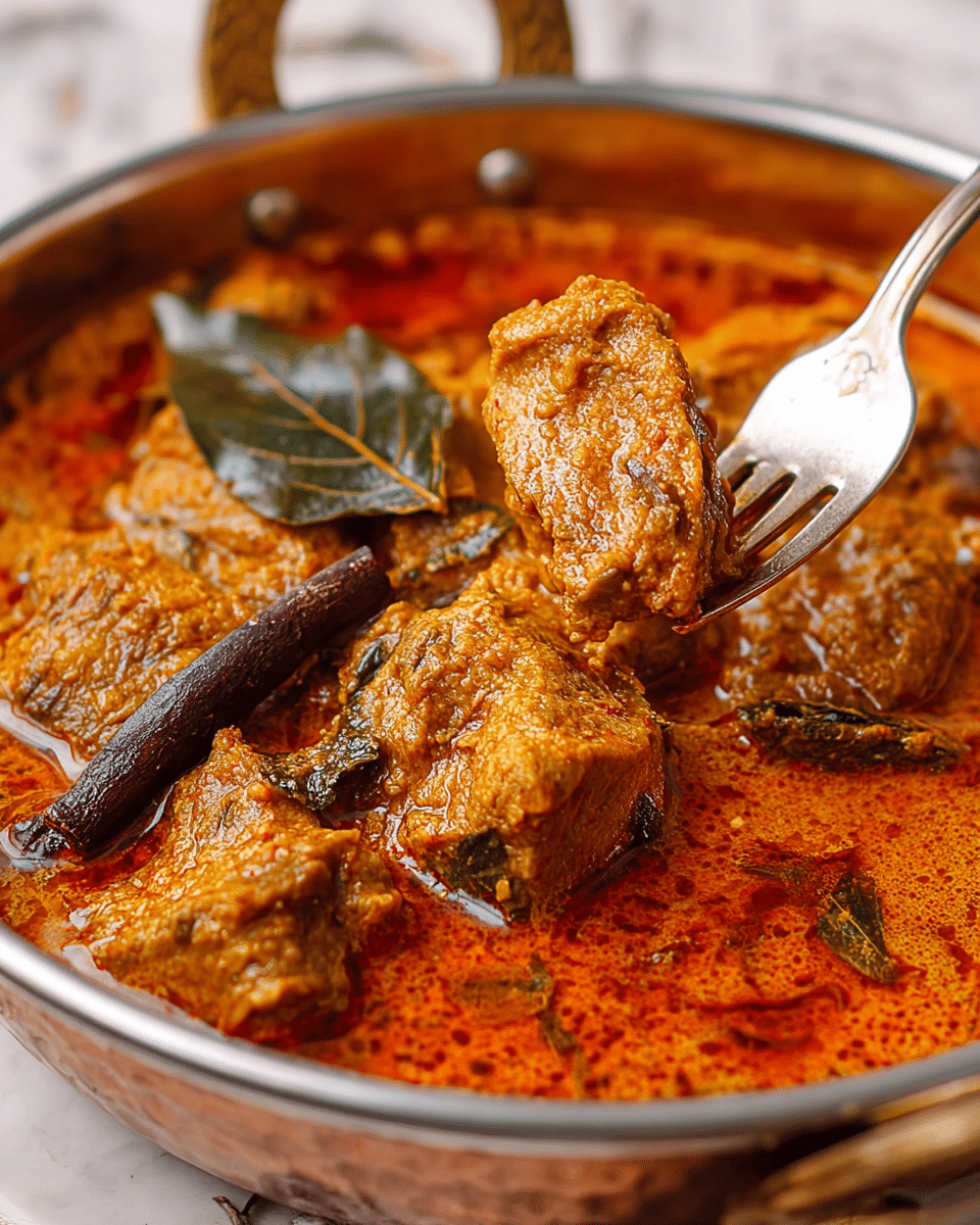 The image shows a close-up of a metal bowl filled with a rich, orange-red curry that has a slightly oily surface. The curry contains chunky pieces of meat layered with visible herbs and spices, giving the pieces a textured look. Within the curry are a dark brown cinnamon stick and a bay leaf resting on the surface, adding contrast. A fork lifts one of the meat chunks out of the curry, highlighting its tender and moist texture. The bowl sits on a white marbled texture surface. photo taken with an iphone --ar 4:5 --v 7