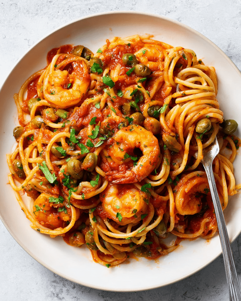 A white plate filled with spaghetti pasta mixed in a rich red tomato sauce, layered with several plump shrimp scattered throughout. The dish also contains green olives and capers, adding texture and pops of green amid the noodles. Chopped fresh herbs are sprinkled on top, providing small green flecks. A silver fork rests on the edge of the plate, partially buried in the pasta. The plate is set on a white marbled texture surface. photo taken with an iphone --ar 4:5 --v 7