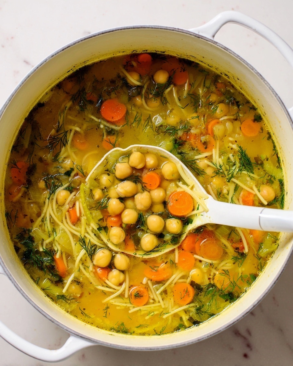 A white pot full of soup with a clear yellow broth, containing small round chickpeas, bright orange carrot slices, light green celery pieces, and some thin light yellow noodles scattered throughout. There are green herb bits floating on top, likely dill, adding texture and color. A white ladle rests inside the pot, lifting some soup with a mix of broth, chickpeas, carrots, and herbs. The pot sits on a white marbled surface. photo taken with an iphone --ar 4:5 --v 7