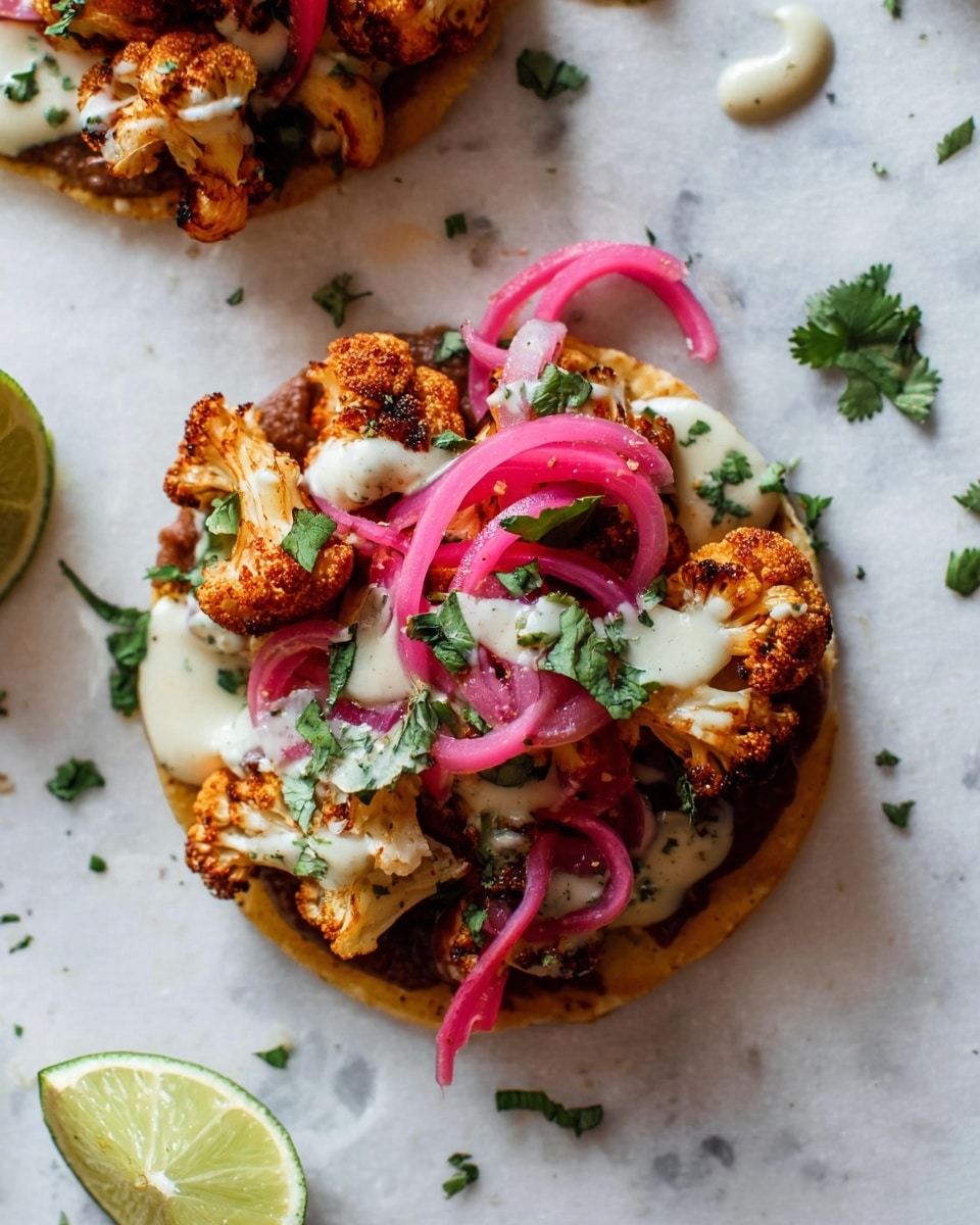 A small round base layer of crispy golden tostada topped with a thick spread of dark brown refried beans, then covered with fried cauliflower pieces that are golden and slightly crispy on edges. On top of the cauliflower, there are thin, curled ribbons of bright pink and white pickled onions, with fresh green chopped cilantro scattered around. The entire stack is topped with a pale creamy sauce drizzled generously, with small specks of herbs visible in it. The food sits on a white marbled textured surface with some scattered cilantro leaves around and two halves of lime nearby. photo taken with an iphone --ar 4:5 --v 7