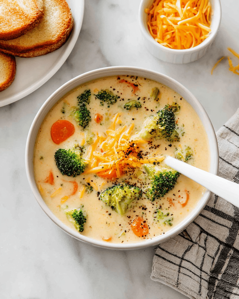 A bowl of creamy soup with a light beige base filled with bright green broccoli florets and round slices of orange carrots, topped with a small pile of shredded orange cheddar cheese and sprinkled with cracked black pepper, placed on a white marbled surface. A white spoon rests inside the bowl on the right side, and in the background, there is a small white bowl with more shredded cheddar cheese and a white plate with toasted bread slices. A checked cloth napkin is partially visible beneath the bowl. photo taken with an iphone --ar 4:5 --v 7