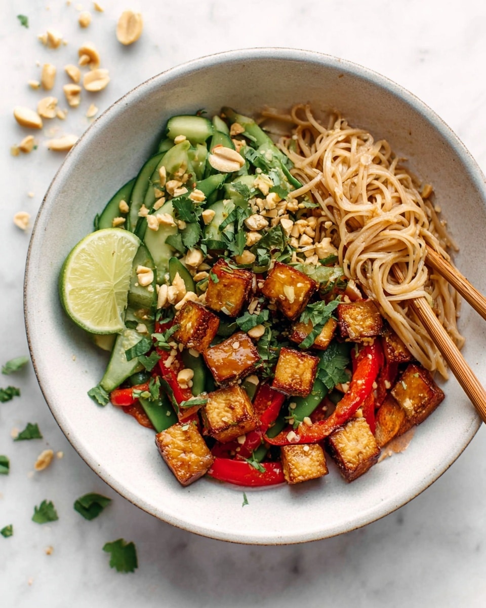 The image shows a white bowl filled with a colorful noodle dish. At the bottom, there is a light layer of noodles being lifted by wooden chopsticks held by a woman's hand on the right side. On top of the noodles, there are small golden-brown cubes of tofu scattered with bright green chopped herbs like cilantro. Mixed within are pieces of red chili peppers and sliced zucchini, adding pops of red and green colors. There are also crushed peanuts sprinkled over the dish. A slice of lime sits on the edge of the bowl, all placed on a white marbled surface. photo taken with an iphone --ar 4:5 --v 7