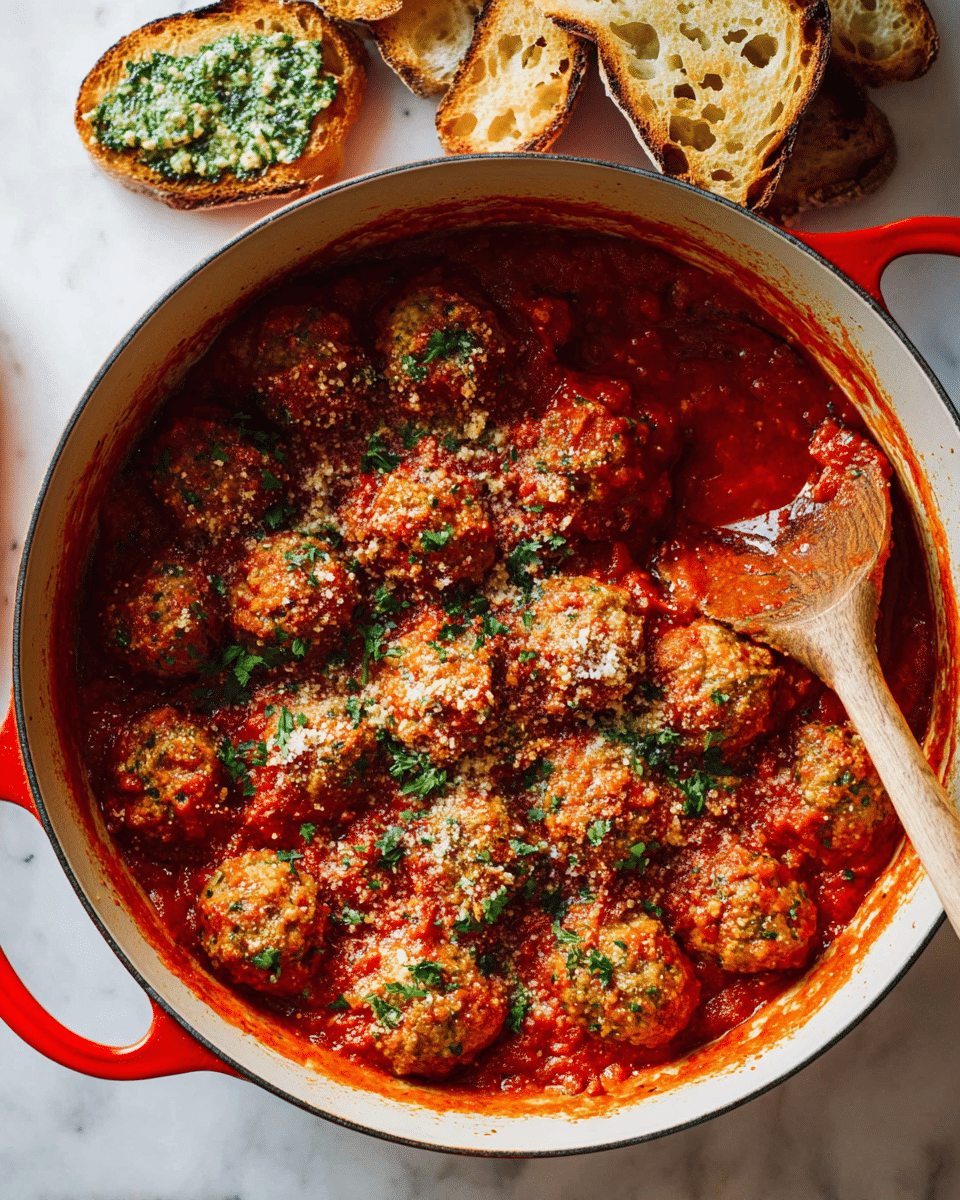 A large red pot with a white inside holds many golden-brown meatballs covered in rich red tomato sauce. The meatballs have a crumbly topping with small green parsley pieces scattered on them. A wooden spoon rests inside the pot, partly covered in sauce. Around the pot, there is a white marbled surface with pieces of toasted bread topped with a green herb spread in the corner. photo taken with an iphone --ar 4:5 --v 7