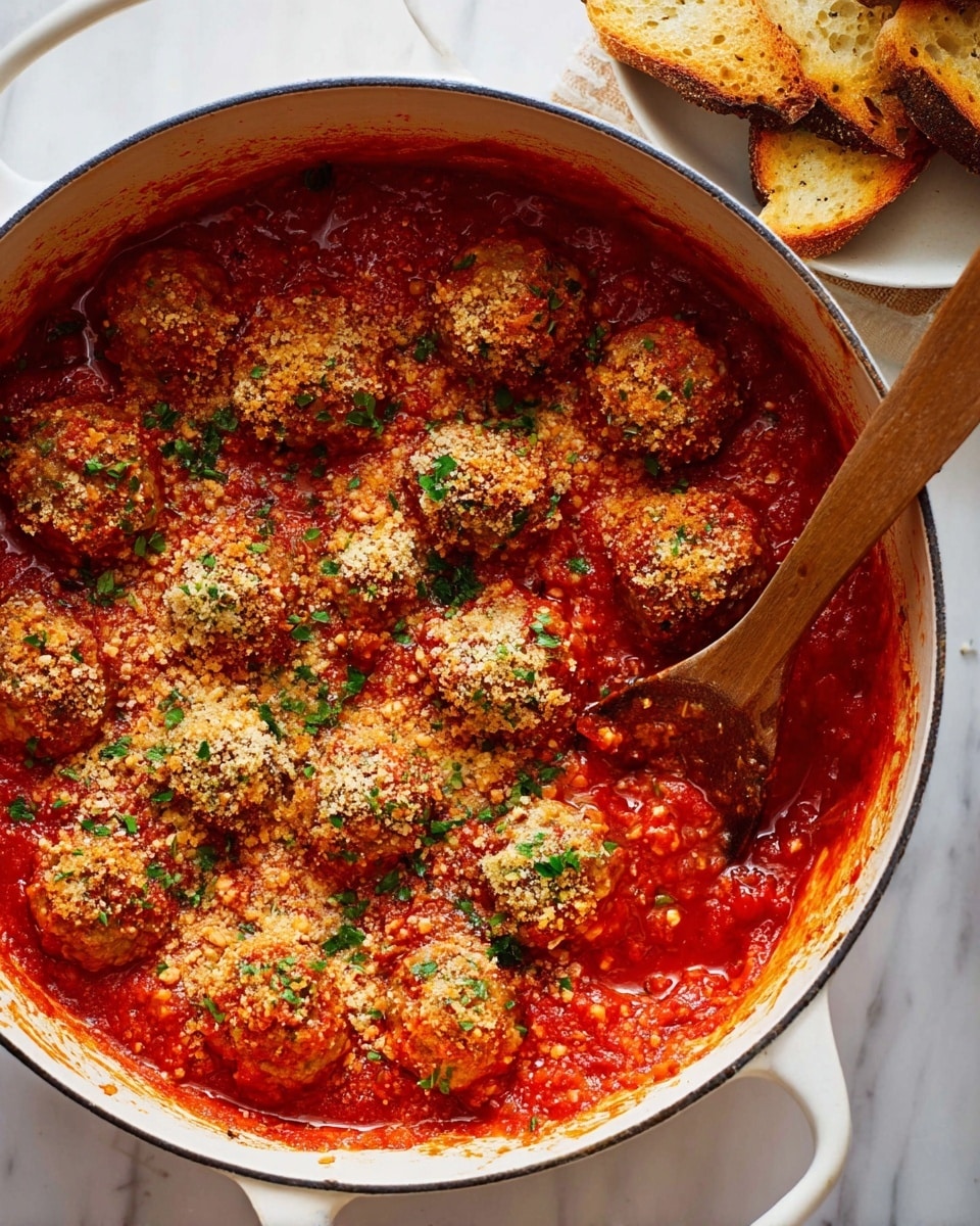 A large white pot filled with many round meatballs covered in bright red tomato sauce, topped with a layer of golden brown breadcrumbs sprinkled with small green parsley bits, a wooden spoon resting on the right side stirring the sauce, placed on a white marbled surface with pieces of toasted bread in the upper right corner. photo taken with an iphone --ar 4:5 --v 7