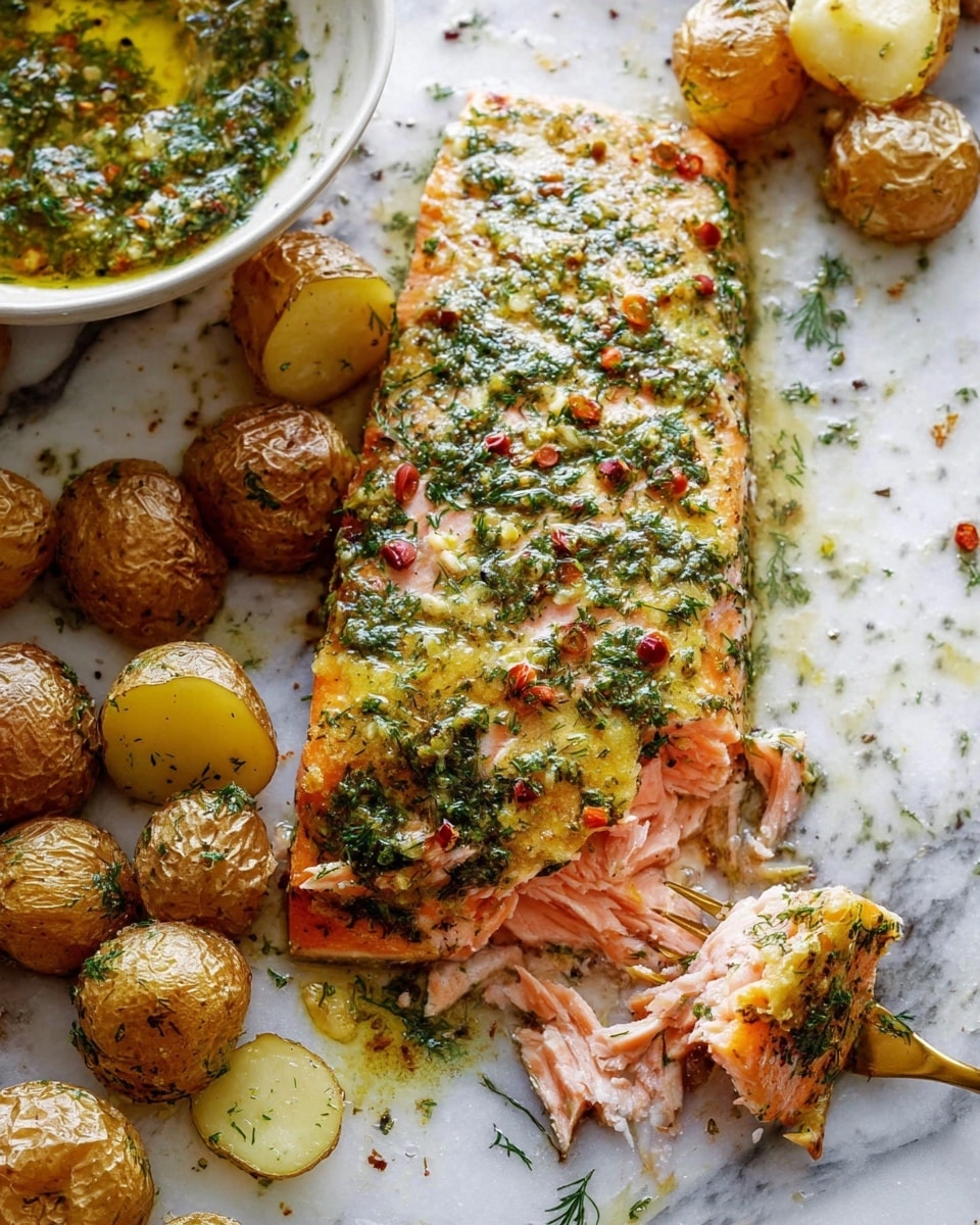 A baking tray filled with a large, thick piece of roasted salmon placed on the right side, covered with green herbs and spices. Around the salmon, there are many small, golden-brown roasted baby potatoes with a crispy texture. A woman's hands are holding a white bowl with green herb sauce in it and using a spoon to drizzle the sauce over the potatoes and salmon. The tray is on a white marbled surface. The photo taken with an iphone --ar 4:5 --v 7