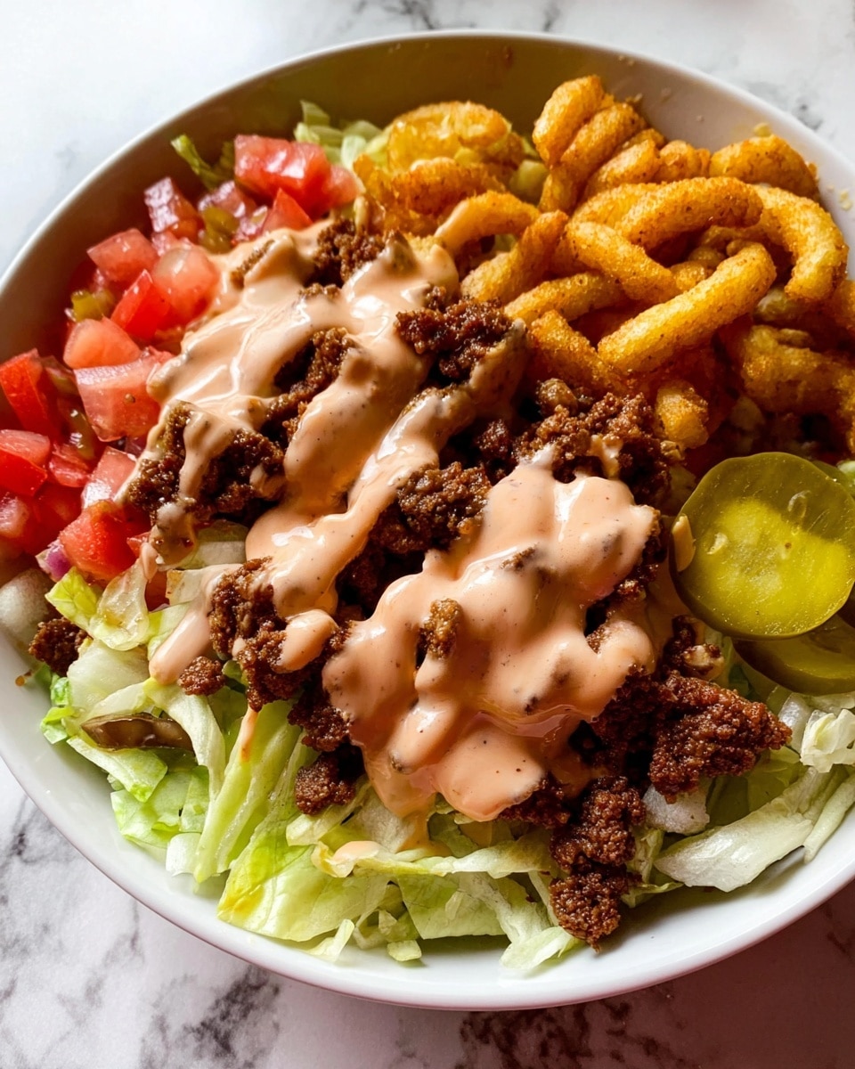 The dish is served in a white bowl on a white marbled surface, with three main layers visible. The bottom layer consists of shredded light green lettuce spread evenly across the bowl. On top of the lettuce, there is a colorful mix of diced bright red tomatoes and several sliced yellow-green pickles placed mainly on one side. The top layer features crispy brown crumbled meat pieces scattered unevenly and golden curly fries positioned behind the meat. A light pink thick sauce is generously drizzled over the meat and some fries, adding a creamy texture. photo taken with an iphone --ar 4:5 --v 7
