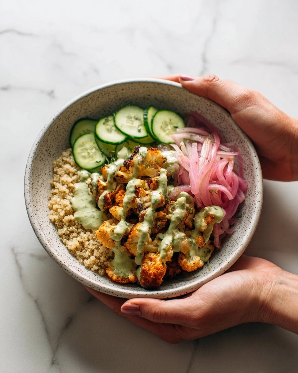 A white speckled bowl filled with four layers arranged side by side: the first layer is light beige quinoa with a grainy texture, the second layer consists of bright green cucumber slices with a smooth, moist surface, the third layer has thin, light pink pickled onion strips, and the fourth layer shows golden-brown crispy cauliflower pieces drizzled with a creamy, pale green herb sauce. A woman's hand holds the bowl gently from both sides against a white marbled surface. photo taken with an iphone --ar 4:5 --v 7