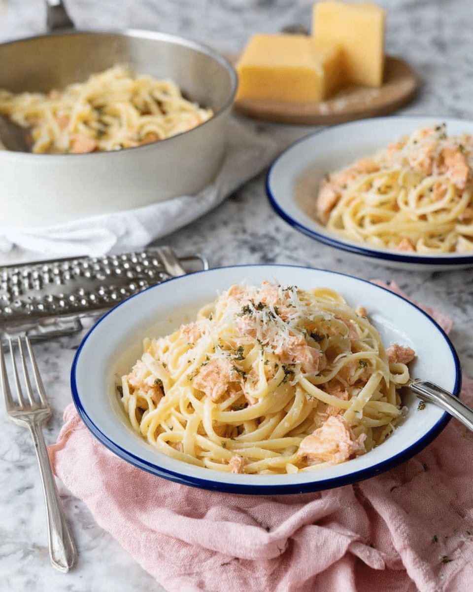 A close-up of creamy pasta in a silver pan shows thick, white sauce coating long, pale yellow spaghetti noodles twisted around silver tongs held by a woman's hand. Mixed in are small pieces of light pink salmon and bits of fresh green herbs sprinkled throughout. The pan sits on a soft, light pink cloth, and the background features a blurred white marbled texture with kitchen items. The scene feels warm and inviting, focusing on the rich texture and colors of the pasta dish. photo taken with an iphone --ar 4:5 --v 7