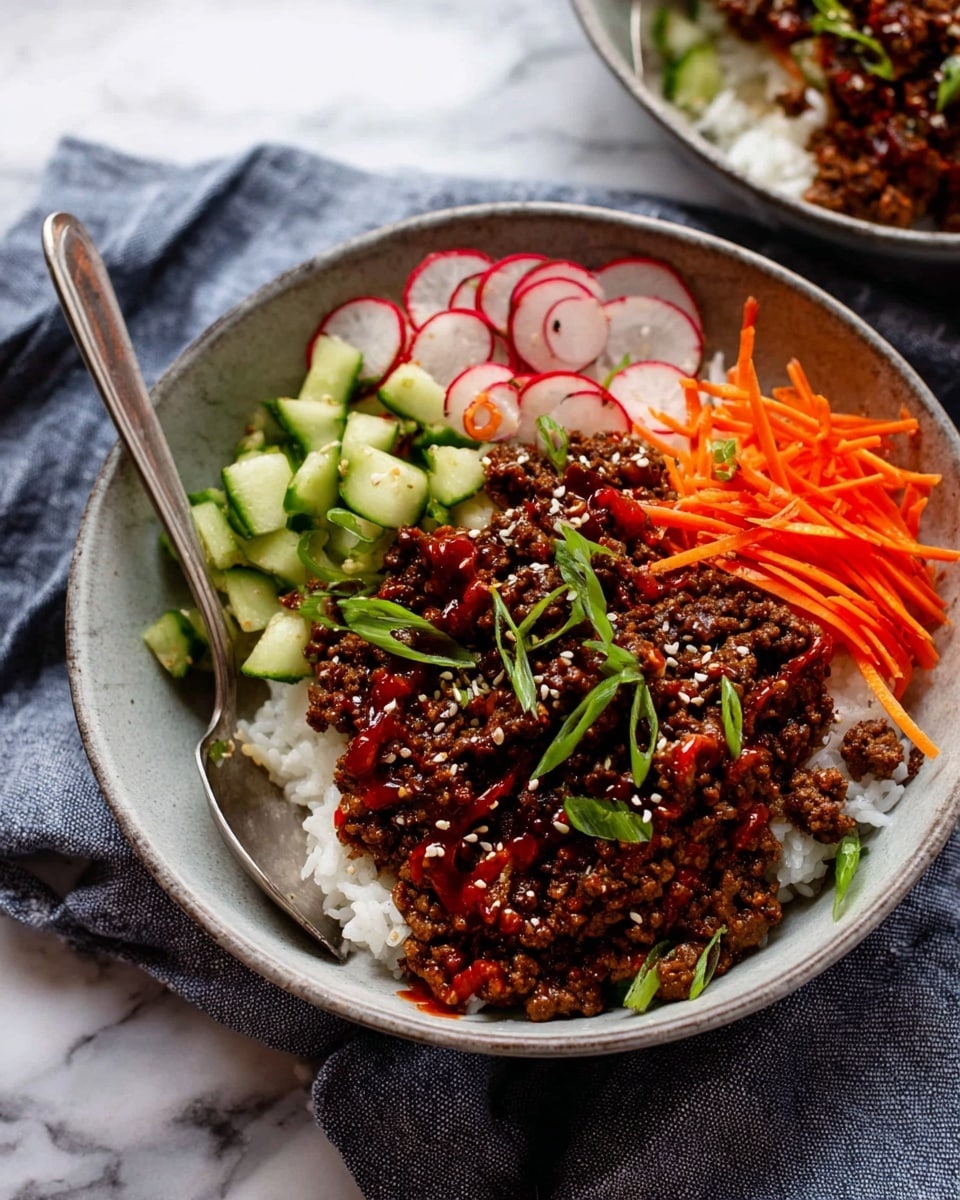 A dark gray bowl holds a layered dish starting with a base of white and light brown cooked rice with a slightly sticky texture, topped with a thick layer of dark brown ground meat mixed with sauce, giving it a moist and crumbly look. Bright orange thin carrot strips are placed on one side, adding a fresh and crunchy texture. Green scallion slices are scattered on top, with a light sprinkle of small white sesame seeds spread across the meat. A silver spoon is partly inside the bowl, digging into the meat and rice. The bowl sits on a white marbled surface. photo taken with an iphone --ar 4:5 --v 7