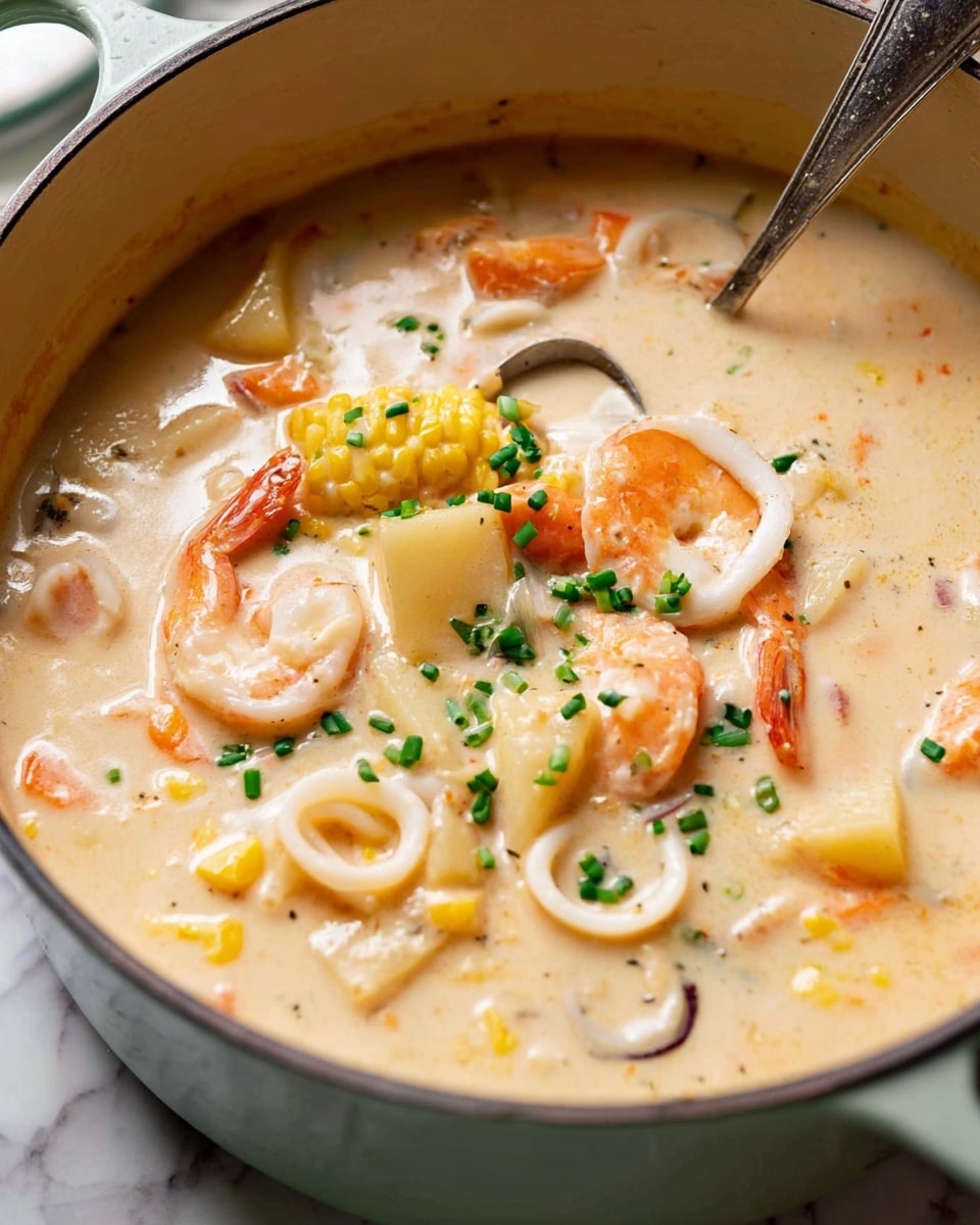 A close-up view of a large pot filled with creamy soup that has a thick, light beige base. Inside the soup, there are visible pieces of orange carrots, bright yellow corn, pink shrimp, white squid rings, and chunks of white potatoes, all mixed evenly. The dish is topped with small green chive pieces, scattered neatly, adding a fresh contrast. A silver ladle is placed in the soup, partially submerged, and another spoon is seen at the front edge of the pot. The pot is resting on a white marbled surface. photo taken with an iphone --ar 4:5 --v 7