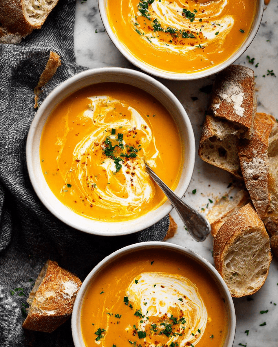 Three bowls of bright orange soup with smooth texture are shown from above, each bowl having a swirl of white cream on top mixed with spices and small bits of chopped green herbs. The bowls are white and set on a white marbled surface partially covered with a gray cloth. Pieces of crusty brown bread with a rough texture are scattered around the bowls. One bowl contains a spoon with a silver handle resting inside. The lighting is warm and natural, highlighting the creamy soup and bread crust. Photo taken with an iphone --ar 4:5 --v 7