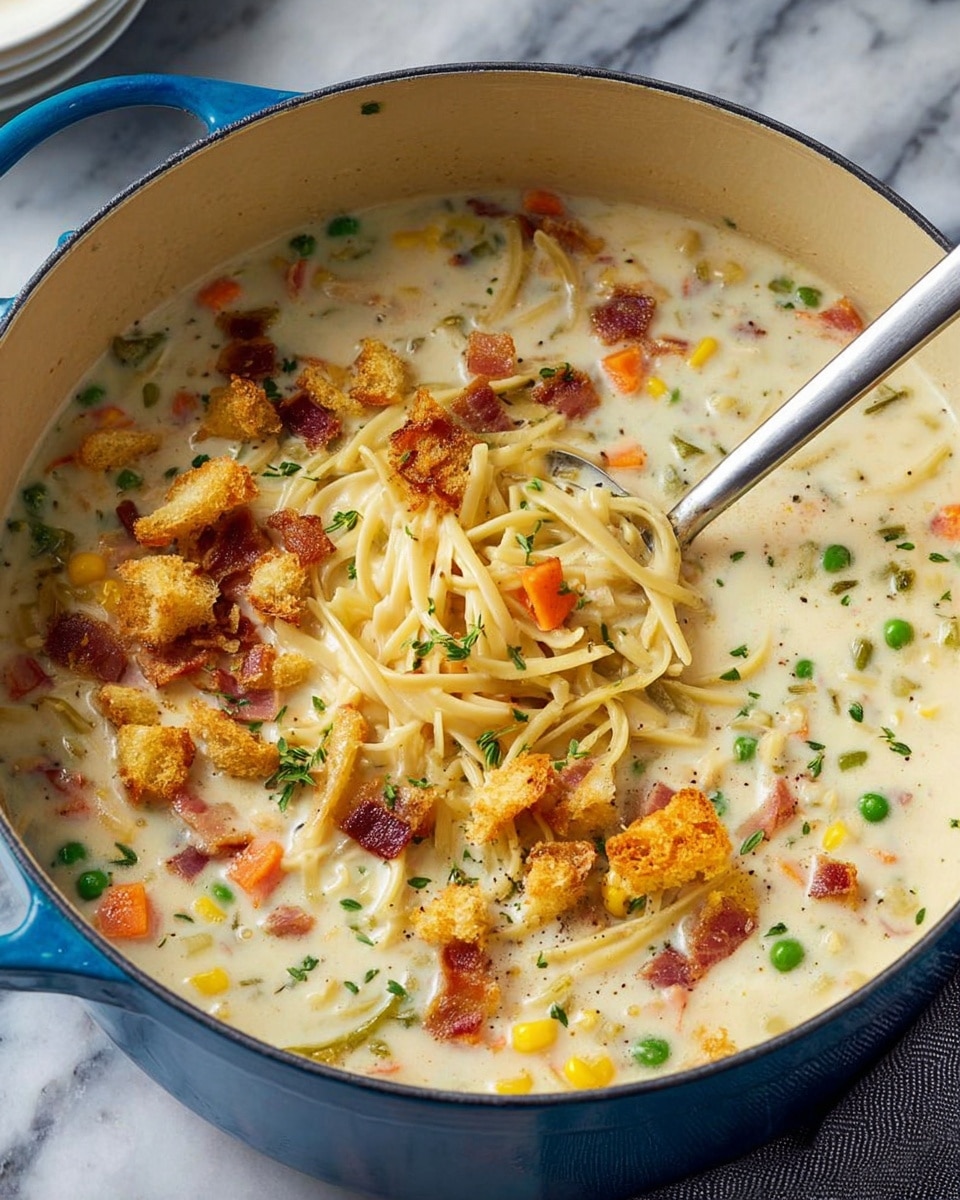 Creamy Chicken Noodle Soup with Mini Croutons Recipe