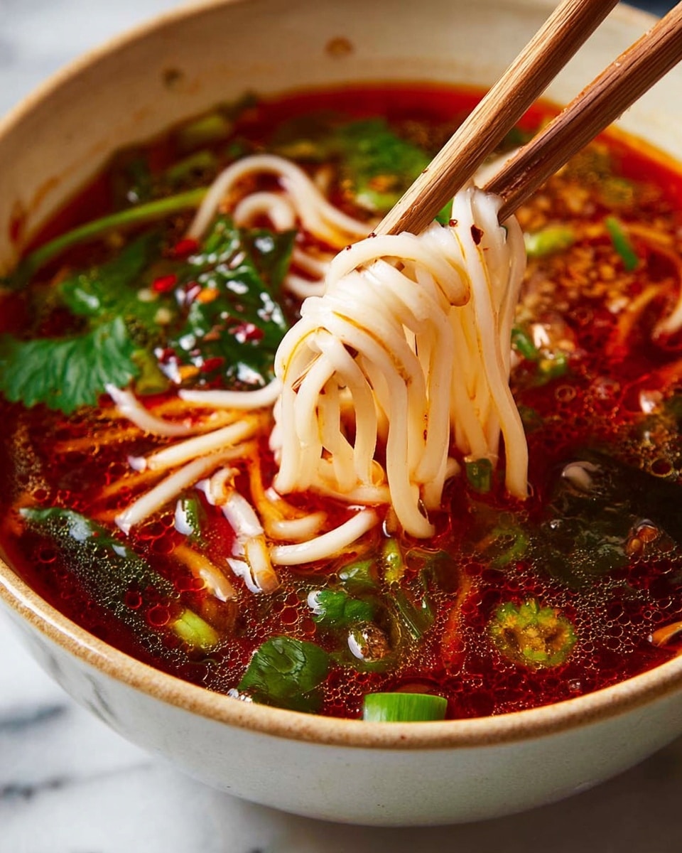 A close-up shows a white bowl filled with a spicy red broth that has a shiny oily surface and scattered droplets of chili oil. Inside the broth, thin white noodles with a smooth texture are lifted by a pair of wooden chopsticks resting just above the bowl rim. There are green herbs and sliced green onions floating in the soup, adding fresh green color contrast. The spicy sauce clings to the noodles, and some chili flakes are visible. The background has a white marbled texture. photo taken with an iphone --ar 4:5 --v 7