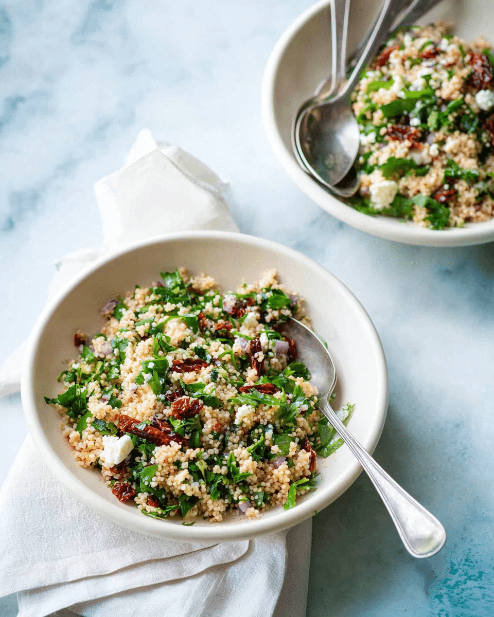 The image shows a white bowl filled with a colorful quinoa salad that has multiple layers of ingredients. The base layer is light brown quinoa mixed with bright green leafy arugula. Scattered through the salad are round beige chickpeas, dark red sun-dried tomatoes, and small pieces of purple onion. On top, there are white crumbles of feta cheese adding contrast. The salad looks fresh and textured, with a wooden spoon partially visible on the left side inside the bowl. The bowl sits on a white marbled surface. photo taken with an iphone --ar 4:5 --v 7