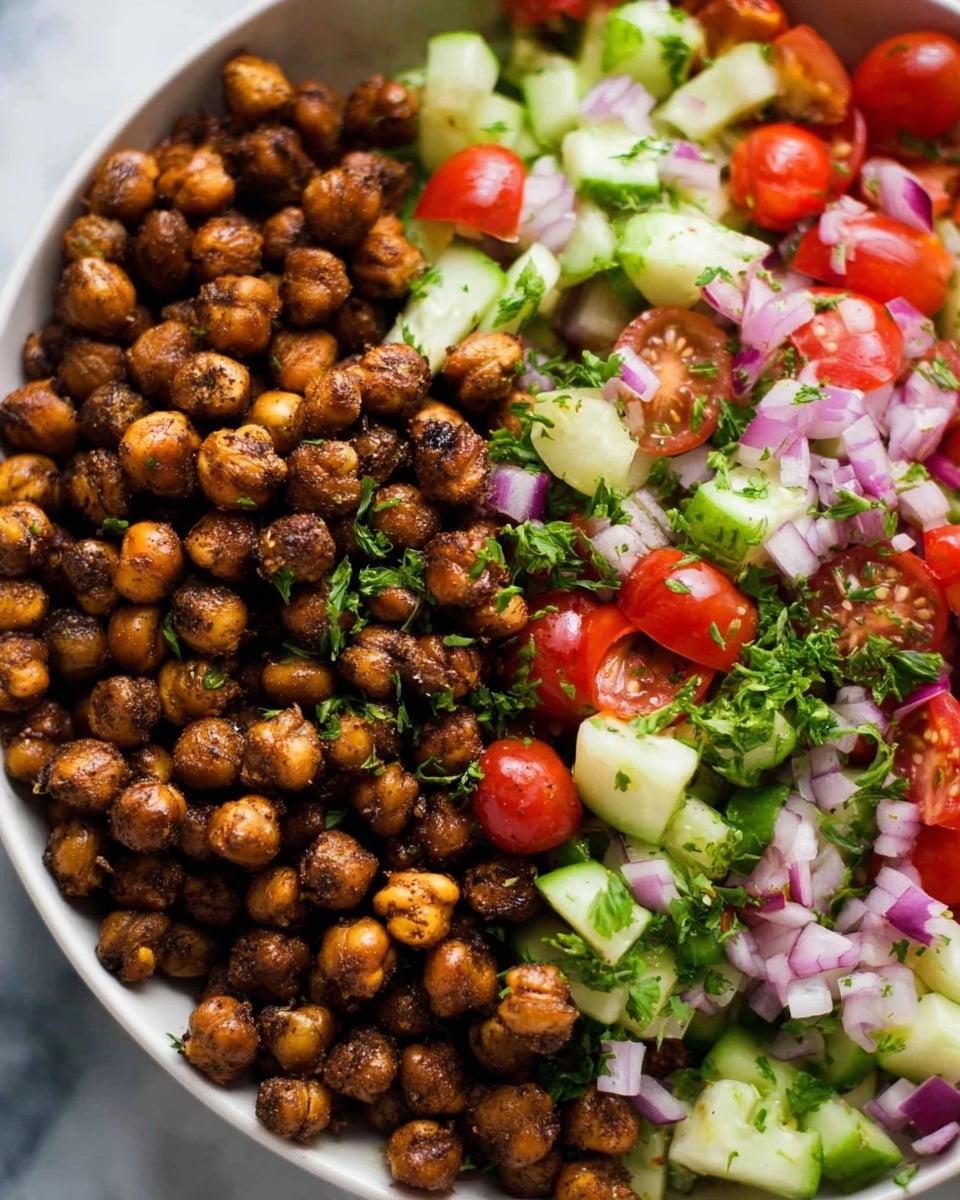 The image shows a close-up of a white bowl filled with two main layers: on one side, there are roasted chickpeas that are dark brown and crispy-looking, with a slightly oily texture. On the other side, there is a fresh vegetable salad made of chopped cucumbers with pale green skin, bright red cherry tomatoes cut in halves, diced red onions, and finely chopped green parsley sprinkled throughout. The roasted chickpeas and salad are placed side by side, showing a clear contrast between the warm, deep tones of the chickpeas and the fresh, vibrant colors of the vegetables. The background is a white marbled texture. Photo taken with an iphone --ar 4:5 --v 7