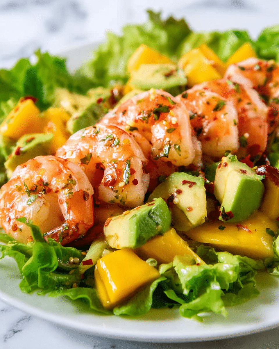 Two white plates are filled with a fresh shrimp salad on a white marbled surface. Each plate has a base layer of bright green lettuce leaves. On top of the lettuce, there are thick pieces of yellow mango, light green avocado chunks, and small red onion bits scattered around. Bright pink-orange shrimp with herbs are layered over the fruit and vegetables. One corner of each plate holds a small bundle of white thin noodles. The salad is lightly dressed with a shiny brown sauce. Two forks rest on a white cloth napkin beside the top plate. photo taken with an iphone --ar 4:5 --v 7