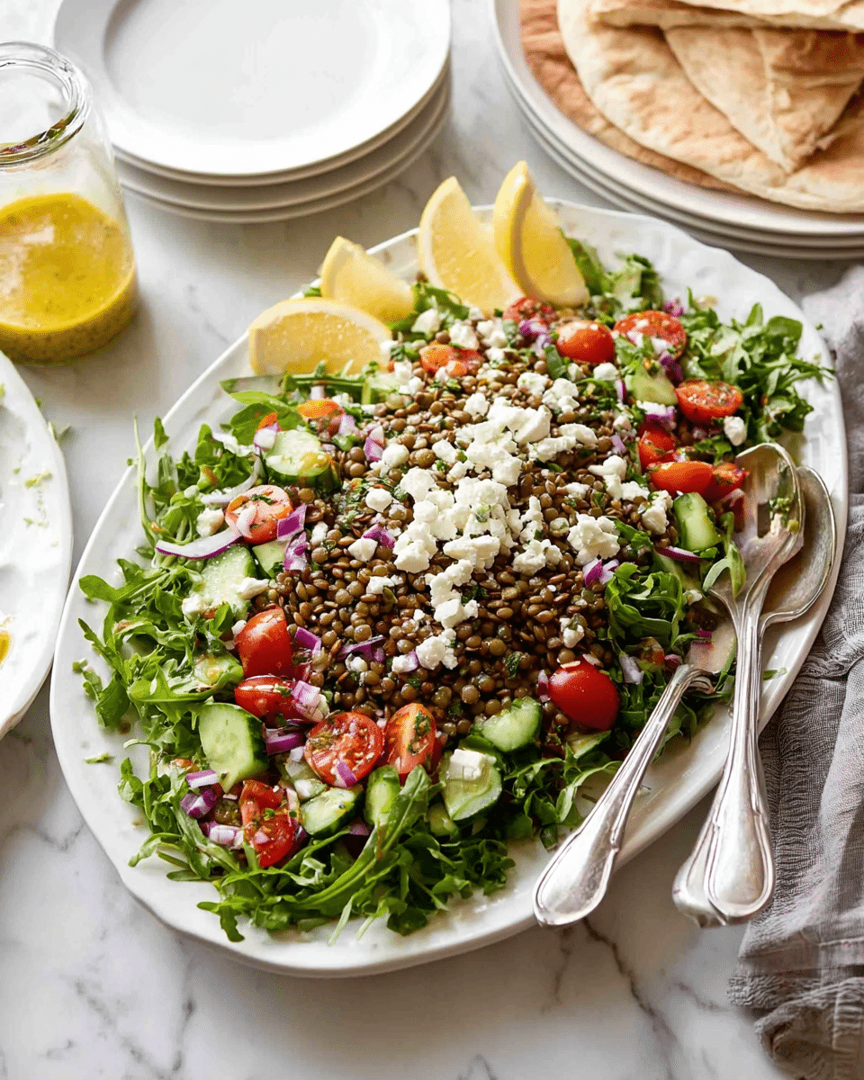 A large white oval plate holds a fresh salad with three visible layers: the base layer is bright green arugula leaves spread across the plate, the middle layer has chopped cucumber pieces and halved cherry tomatoes adding a mix of green and red, and the top layer is a mix of small brown lentils, crumbled white cheese, and finely chopped purple onions scattered on top. Two lemon wedges are placed on one side of the plate. Two silver forks rest on the plate with their handles pointing outward. In the background, there are stacked white plates, some folded flatbread, and a small jar with yellow dressing, all set on a white marbled surface. Photo taken with an iphone --ar 4:5 --v 7