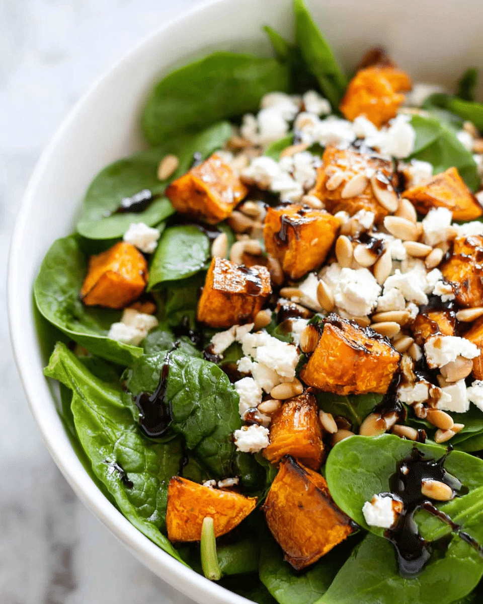 A white bowl filled with a fresh spinach salad showing several layers: the base layer is bright green fresh spinach leaves with a smooth texture, topped with medium-sized golden brown roasted sweet potato cubes with a slightly charred surface. Scattered on top are small white crumbles of soft feta cheese, and sprinkled pine nuts with a light tan color add a crunchy texture. A drizzle of dark balsamic glaze is visible over the salad, adding a shiny finish. The entire scene is set on a white marbled surface. photo taken with an iphone --ar 4:5 --v 7