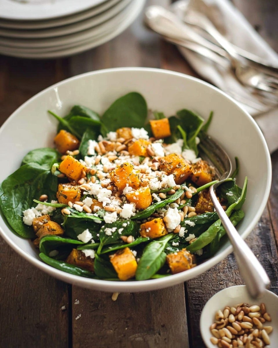 A white bowl is filled with fresh green spinach leaves forming the base layer, topped with small cubes of golden-brown roasted butternut squash scattered evenly. Over the squash, there are crumbles of white feta cheese spread across, adding a soft texture, and a sprinkling of light brown pine nuts adds crunch. A silver fork is placed inside the bowl on the right side. The bowl sits on a wooden surface with a small white plate of more pine nuts nearby, and stacks of white plates with silver forks rest blurred in the background. photo taken with an iphone --ar 4:5 --v 7