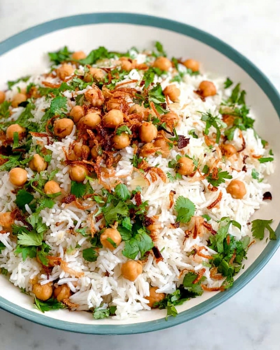 A white bowl filled with a mix of white cooked rice and chickpeas, scattered generously with green cilantro leaves and small golden-brown fried shallots on top. The rice grains are fluffy and separate, creating a soft base layer, while the chickpeas added on top bring a round, smooth texture. The green cilantro leaves are bright and fresh, giving a slightly leafy texture across the dish. The small fried shallots, crispy and golden, are scattered evenly, adding a crunchy contrast. The bowl rests on a white marbled surface, creating a clean and bright background. photo taken with an iphone --ar 4:5 --v 7