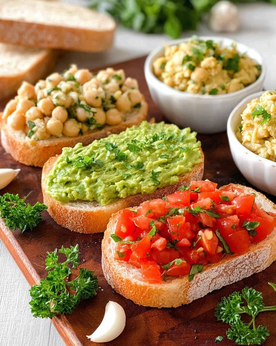 The image shows three slices of toasted white bread on a wooden board with three different toppings. The first slice, on the left, has a layer of light beige chickpea salad mixed with green herbs, giving it a chunky and moist texture. The middle slice is topped with a smooth, bright green spread made from finely mashed ingredients, creating a creamy and even layer. The third slice, on the right, is covered with bright red chopped tomatoes mixed with fresh green basil leaves, making a juicy and colorful topping. In the background, there are three white bowls filled with the same toppings: the green spread, the beige chickpea salad, and the tomato-basil mix. Some fresh parsley and garlic cloves decorate the board around the bread. Photo taken with an iphone --ar 4:5 --v 7