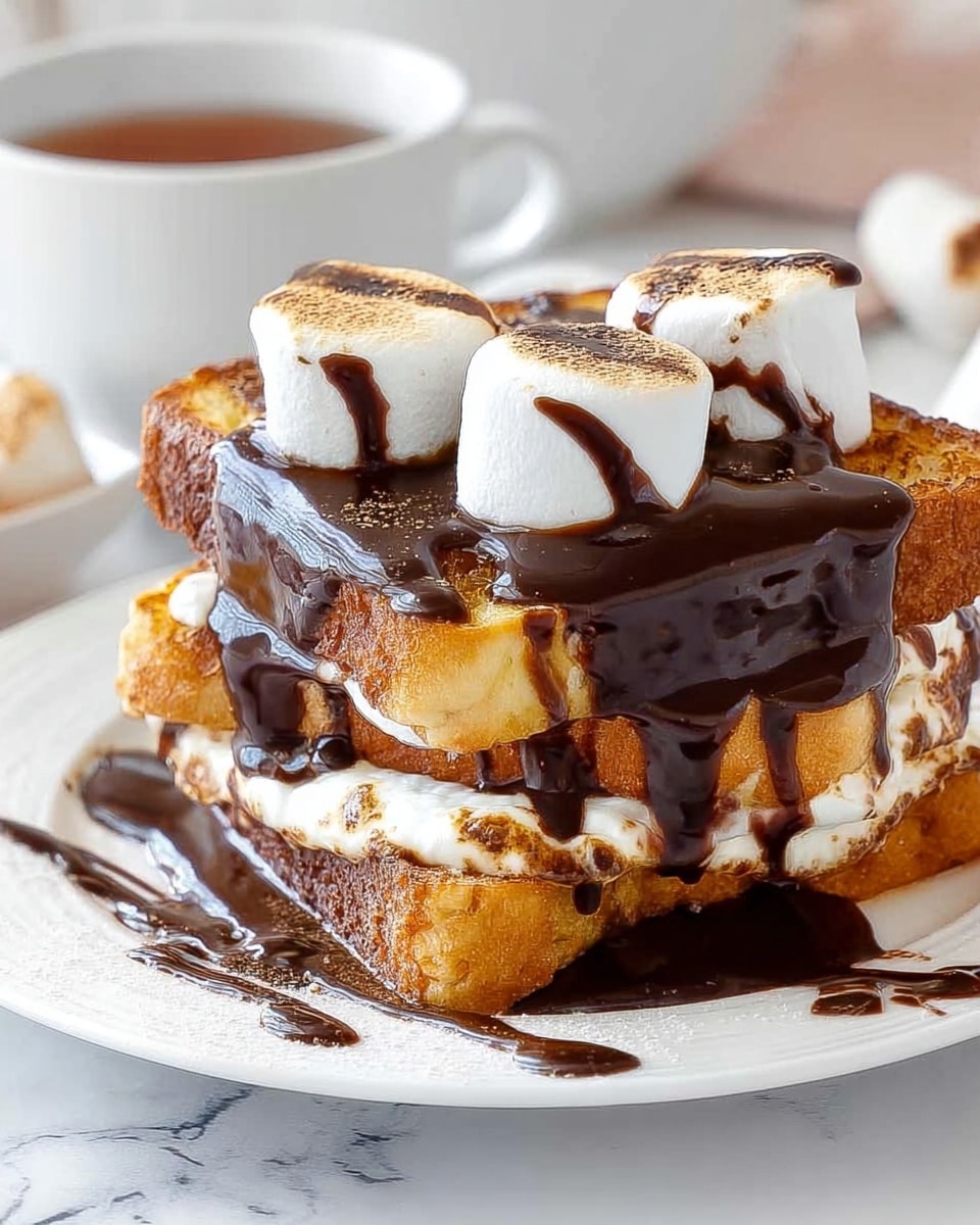A stack of three thick toasted bread slices with a golden brown crust forms the base and middle layers, with gooey white marshmallow cream oozing out between the bottom and middle slices. The top slice is covered in smooth, dark chocolate sauce that drips over the edges and down the marshmallow cream. Three white marshmallows sit on top, each topped with a drizzle of the same dark chocolate sauce. The dish is placed on a white plate with a white marbled surface underneath. In the background, a white cup with tea or coffee is slightly blurred. photo taken with an iphone --ar 4:5 --v 7