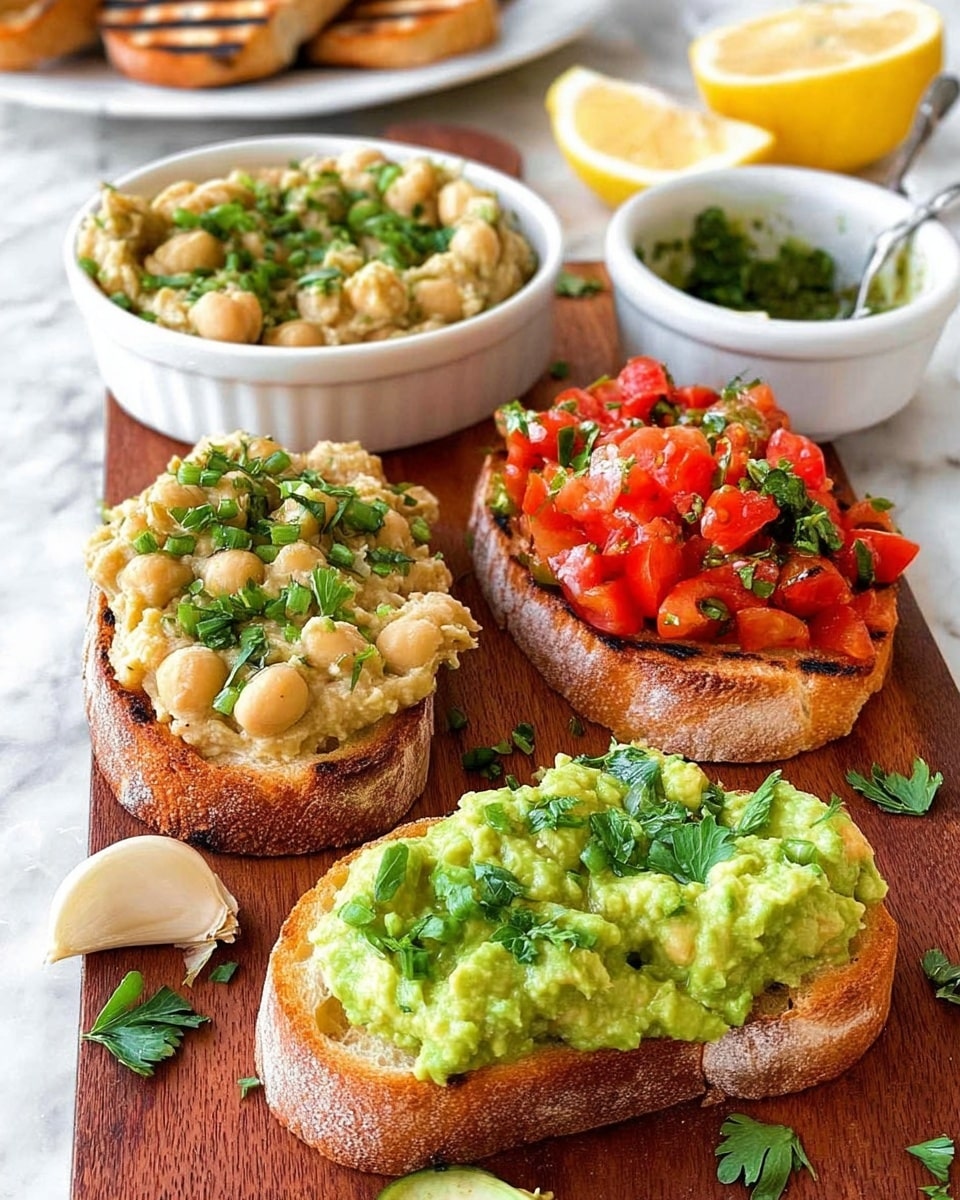 Three slices of toasted bread are placed on a wooden board with fresh parsley garnish and a couple of garlic cloves nearby. The first slice is topped with a creamy beige chickpea mixture sprinkled with chopped green herbs. The second slice has a bright green, chunky spread that looks like mashed avocado or similar, covering the entire surface. The third slice is piled with chopped red tomatoes mixed with green basil leaves. Behind the bread, there are three white bowls: one filled with the same mashed green spread, one with the creamy chickpea mix with a spoon inside, and the last one with the tomato and basil mix. Some lemon wedges and grilled bread slices are visible in the background on a white marbled surface. photo taken with an iphone --ar 4:5 --v 7