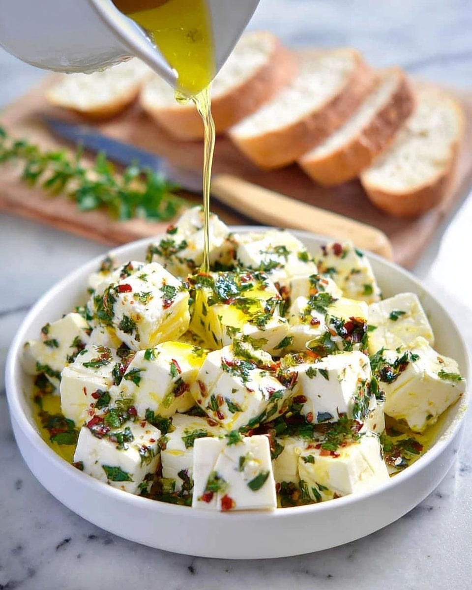 A white shallow round dish is filled with white cheese cubes, each coated with finely chopped green herbs and small red chili flakes, arranged closely to cover the dish. A golden-yellow oil is being poured over the cheese from a white pitcher above, creating a shiny surface on some cubes. In the blurred background, there are slices of white bread and a knife resting on a white marbled surface, with some herbs scattered nearby. Photo taken with an iphone --ar 4:5 --v 7