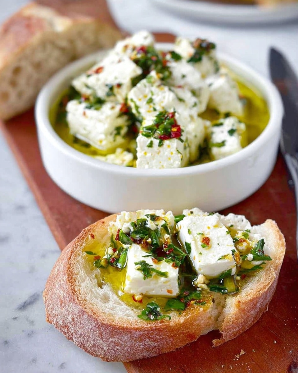 The image shows a white bowl filled with white feta cheese cubes mixed with green herbs and small red chili flakes, all sitting in golden olive oil. In front of the bowl on a wooden surface is a slice of bread topped with crumbled feta cheese, a drizzle of olive oil, and a sprinkle of green herbs and red chili flakes. The bread has a rough, slightly toasted light brown crust and a soft, airy interior. There is a knife placed to the right side of the bowl. The scene is set on a white marbled surface. photo taken with an iphone --ar 4:5 --v 7