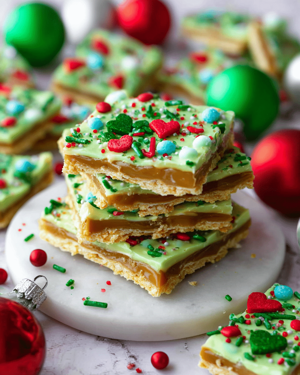 A stack of layered cracker brittle bars is centered on a white plate with a white marbled texture underneath. Each piece has three visible layers: a light golden, flaky cracker base; a thick, glossy caramel middle; and a smooth, pale green coating on top. The green layer is decorated with vibrant holiday sprinkles including red heart shapes, green rods, and small round dots in various green and blue shades. Around the plate and in the background, more brittle pieces with the same three layers and colorful sprinkles are scattered, along with shiny Christmas ornaments in green, red, and silver. The photo taken with an iphone --ar 4:5 --v 7