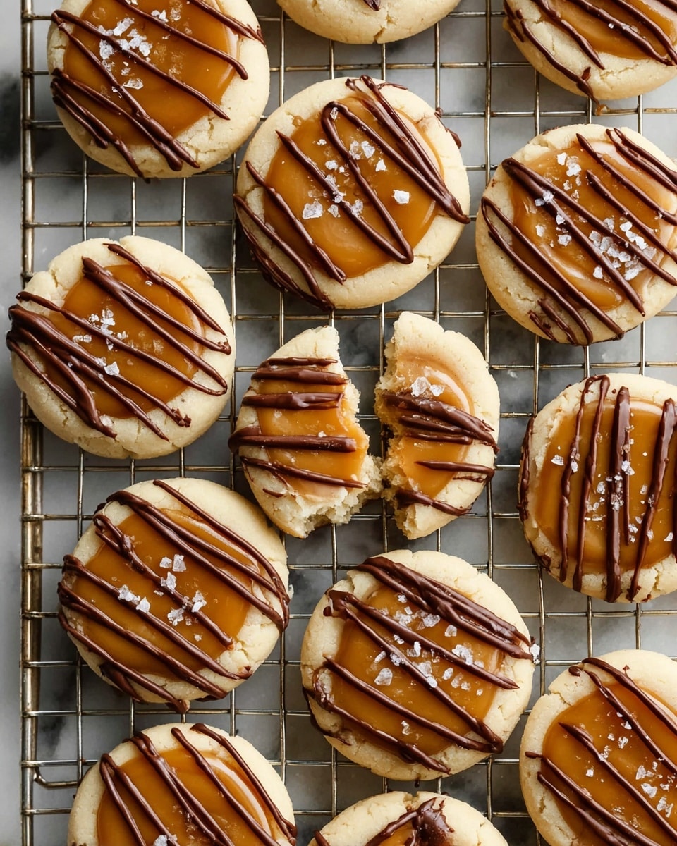 The image shows round shortbread cookies arranged on a metal cooling rack over a white marbled surface. Each cookie has three visible layers: a light beige soft cookie base, a smooth caramel center in a golden brown shade, and thin dark brown chocolate drizzles crossing over the caramel. Some cookies have small white flakes of sea salt sprinkled on top. One cookie near the center has a bite taken out, revealing the soft texture inside. The overall look is neat with a mix of smooth and textured surfaces. photo taken with an iphone --ar 4:5 --v 7